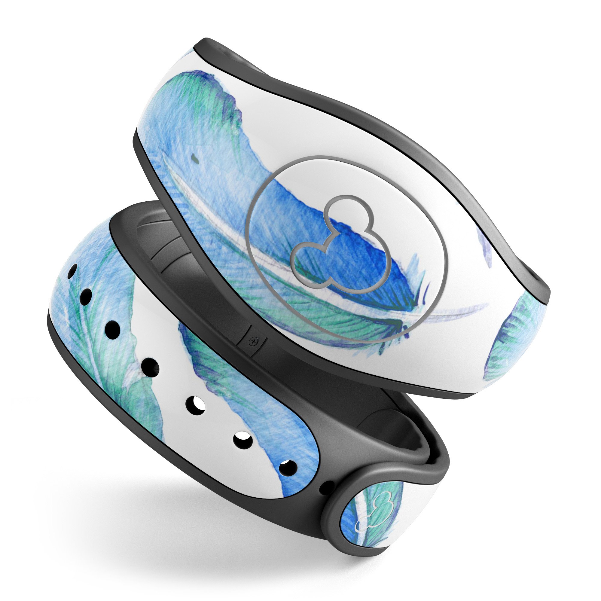 Blue Watercolor Feather Pattern skin wrap for Disney Magic Band, showcasing vibrant colors and intricate feather design.