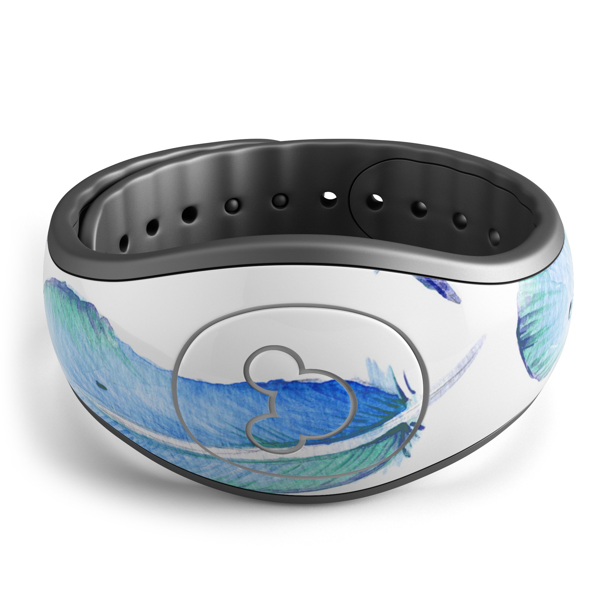 Blue Watercolor Feather Pattern skin wrap for Disney Magic Band, showcasing vibrant colors and intricate feather design.