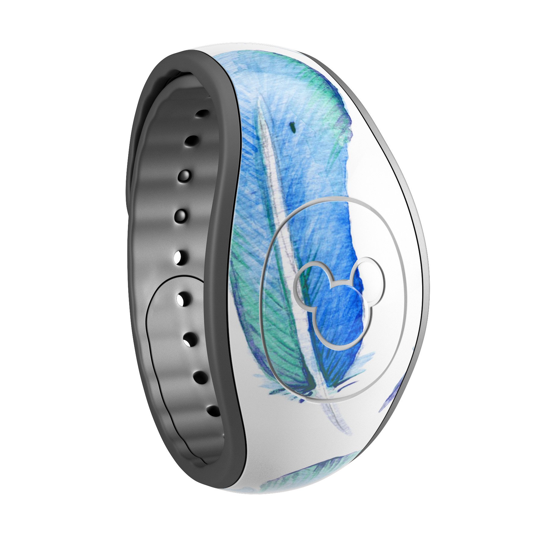 Blue Watercolor Feather Pattern skin wrap for Disney Magic Band, showcasing vibrant colors and intricate feather design.