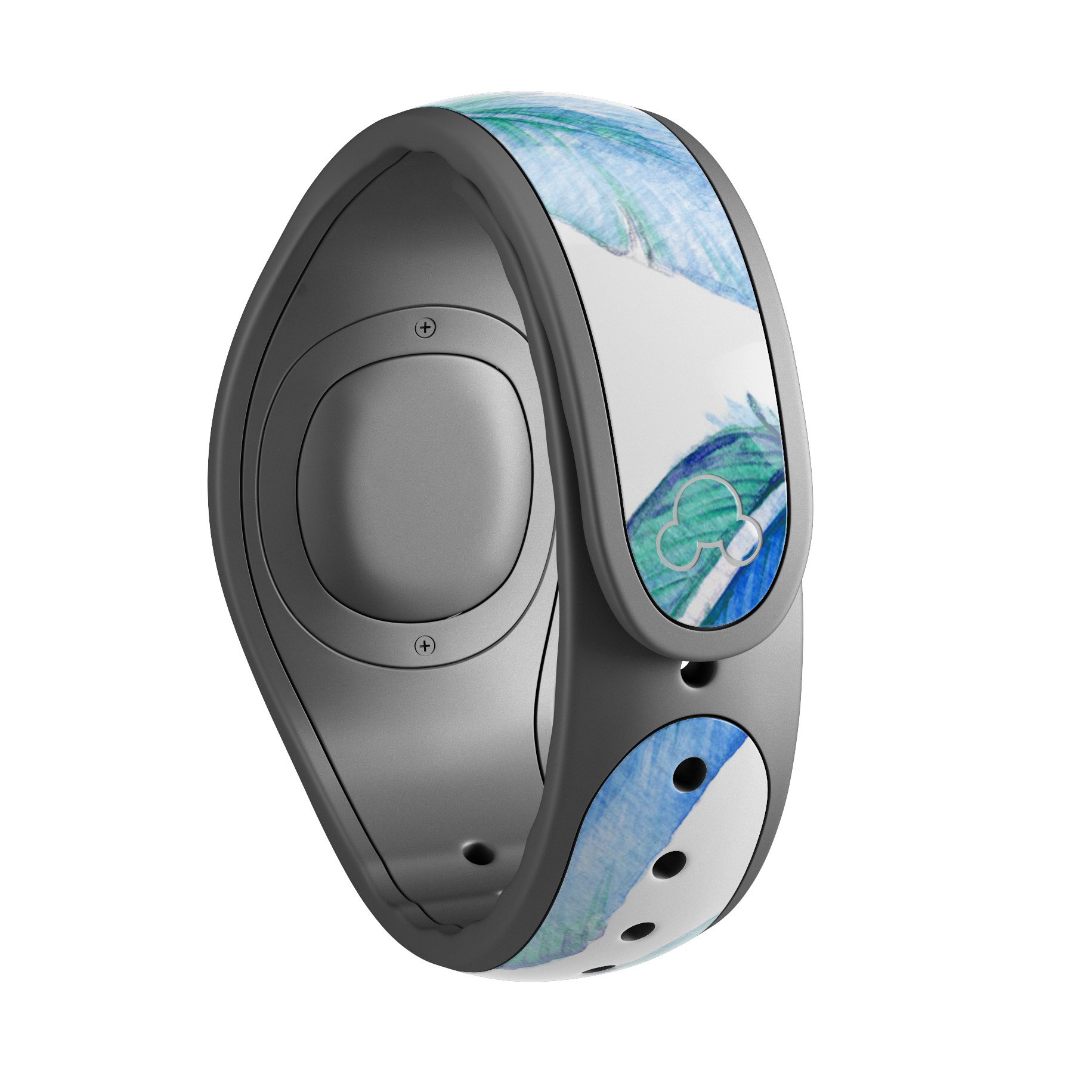 Blue Watercolor Feather Pattern skin wrap for Disney Magic Band, showcasing vibrant colors and intricate feather design.