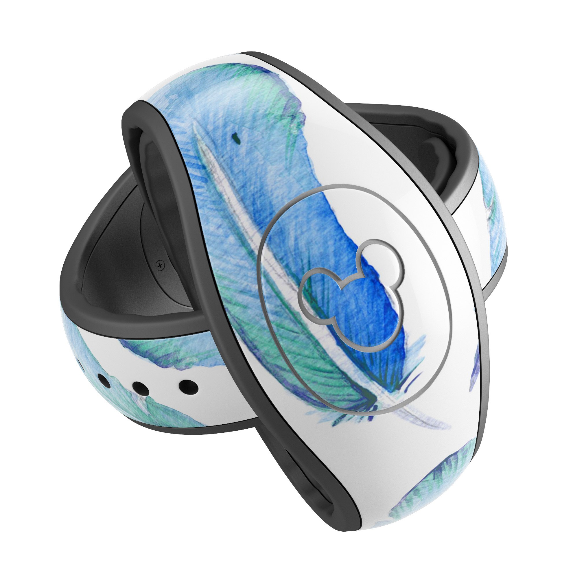 Blue Watercolor Feather Pattern skin wrap for Disney Magic Band, showcasing vibrant colors and intricate feather design.