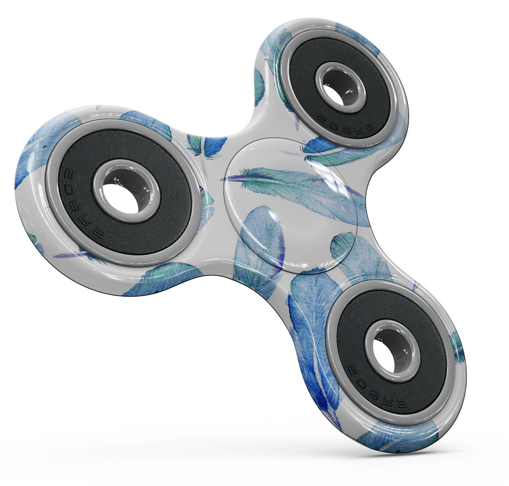 Blue Watercolor Feather Pattern Skin-Kit for fidget spinner, showcasing vibrant colors and intricate feather design.