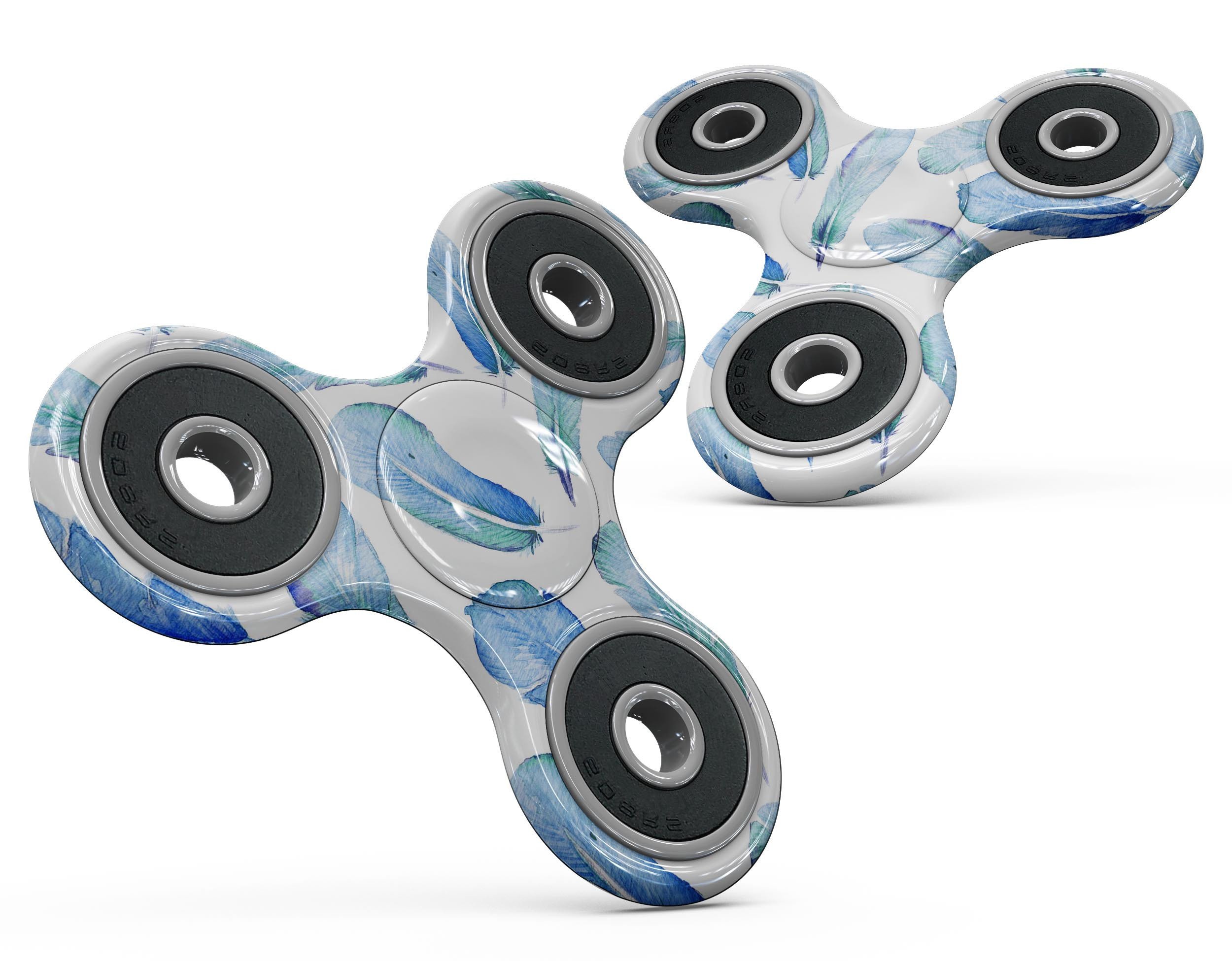 Blue Watercolor Feather Pattern Skin-Kit for fidget spinner, showcasing vibrant colors and intricate feather design.