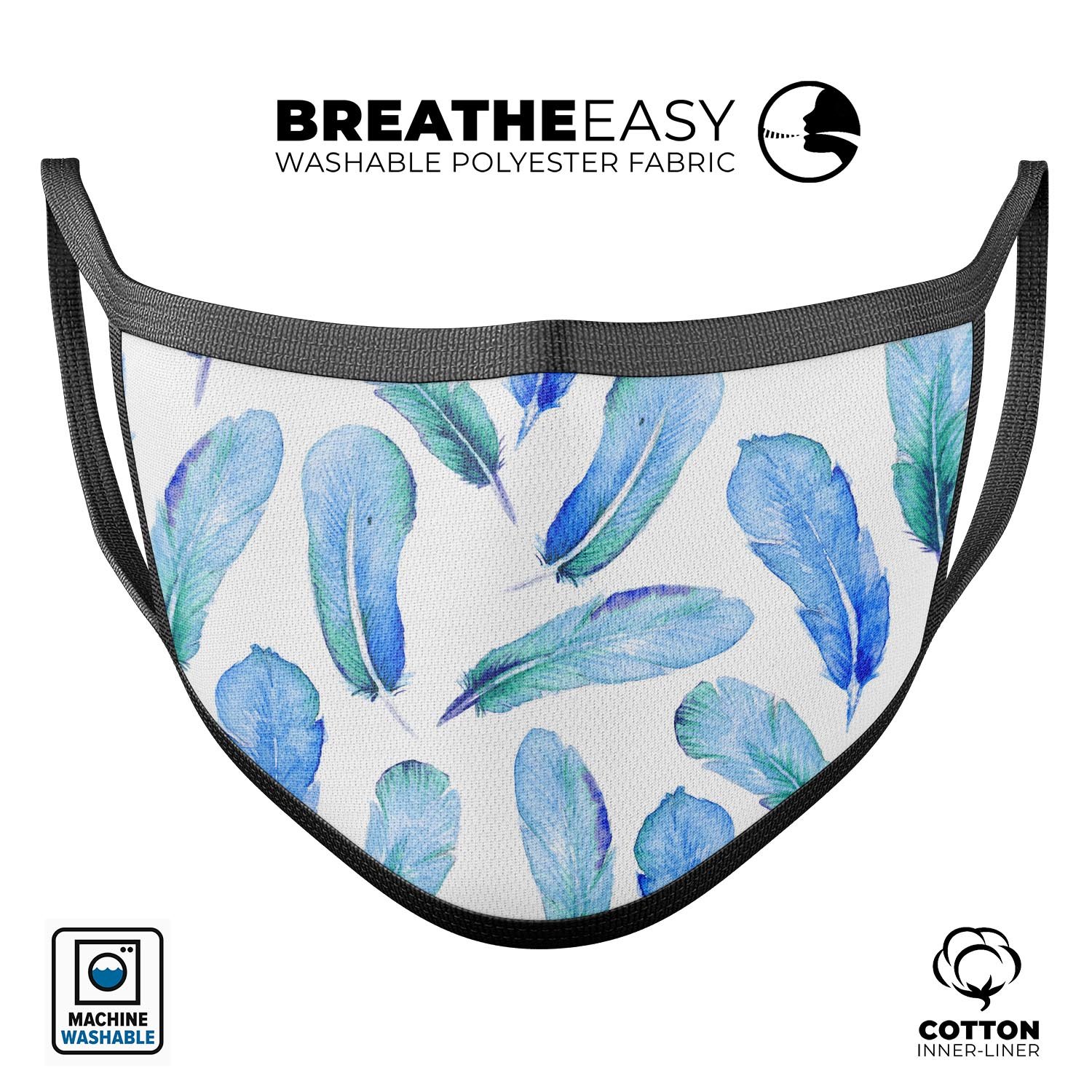 Blue watercolor feather pattern mouth cover, showcasing a vibrant design with adjustable ear loops for a comfortable fit.