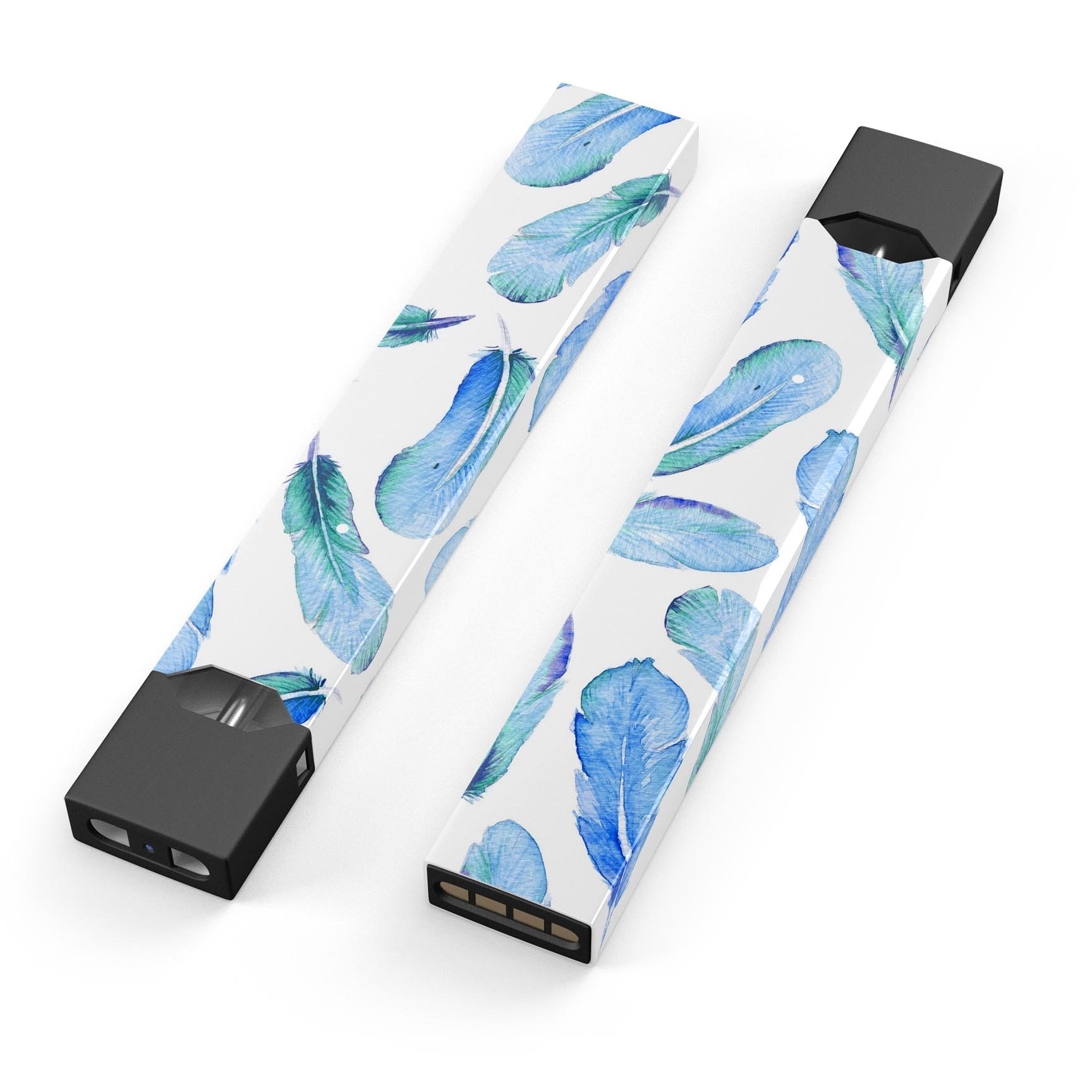 Blue Watercolor Feather Pattern skin wrap for JUUL vaping device, showcasing vibrant colors and intricate feather design.