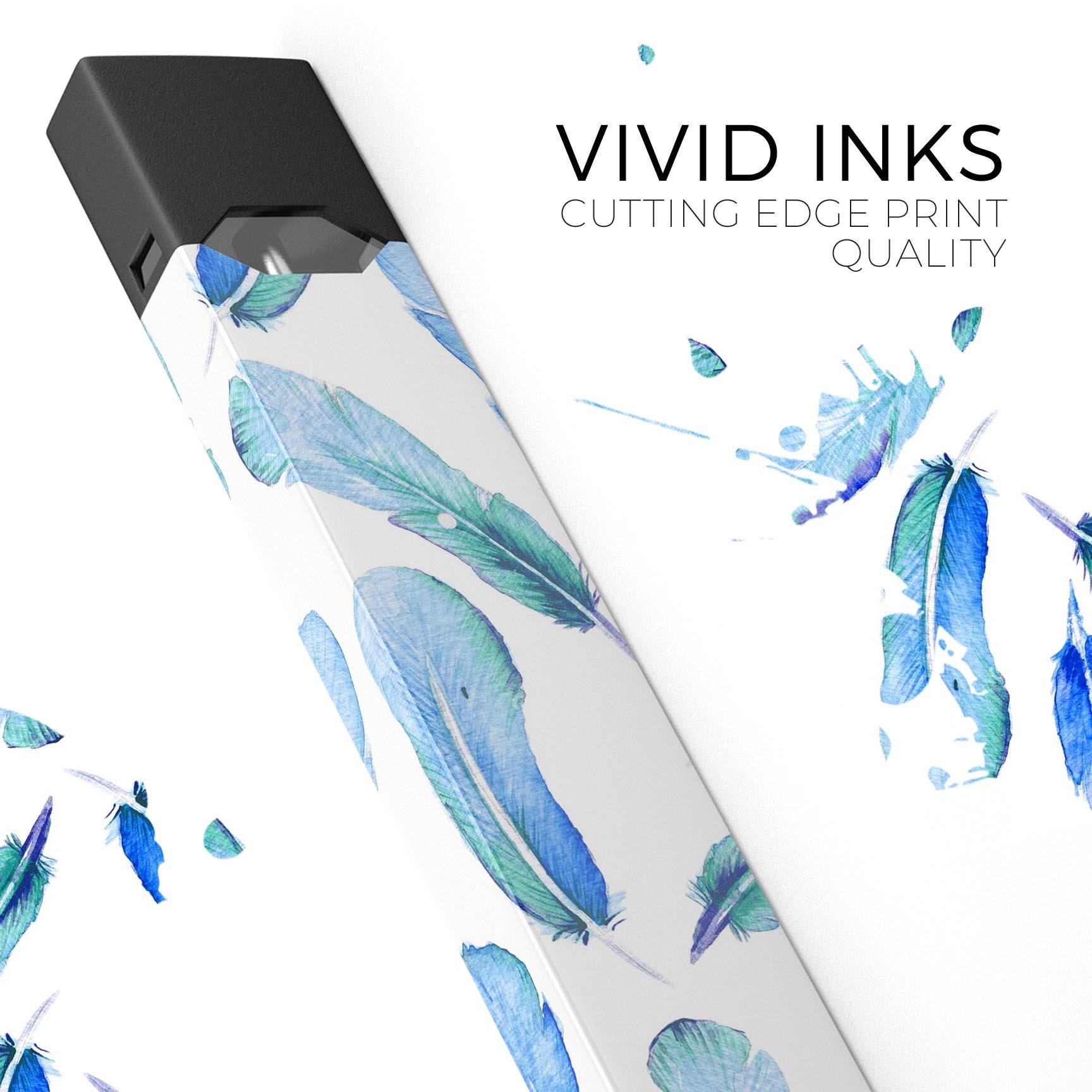 Blue Watercolor Feather Pattern skin wrap for JUUL vaping device, showcasing vibrant colors and intricate feather design.