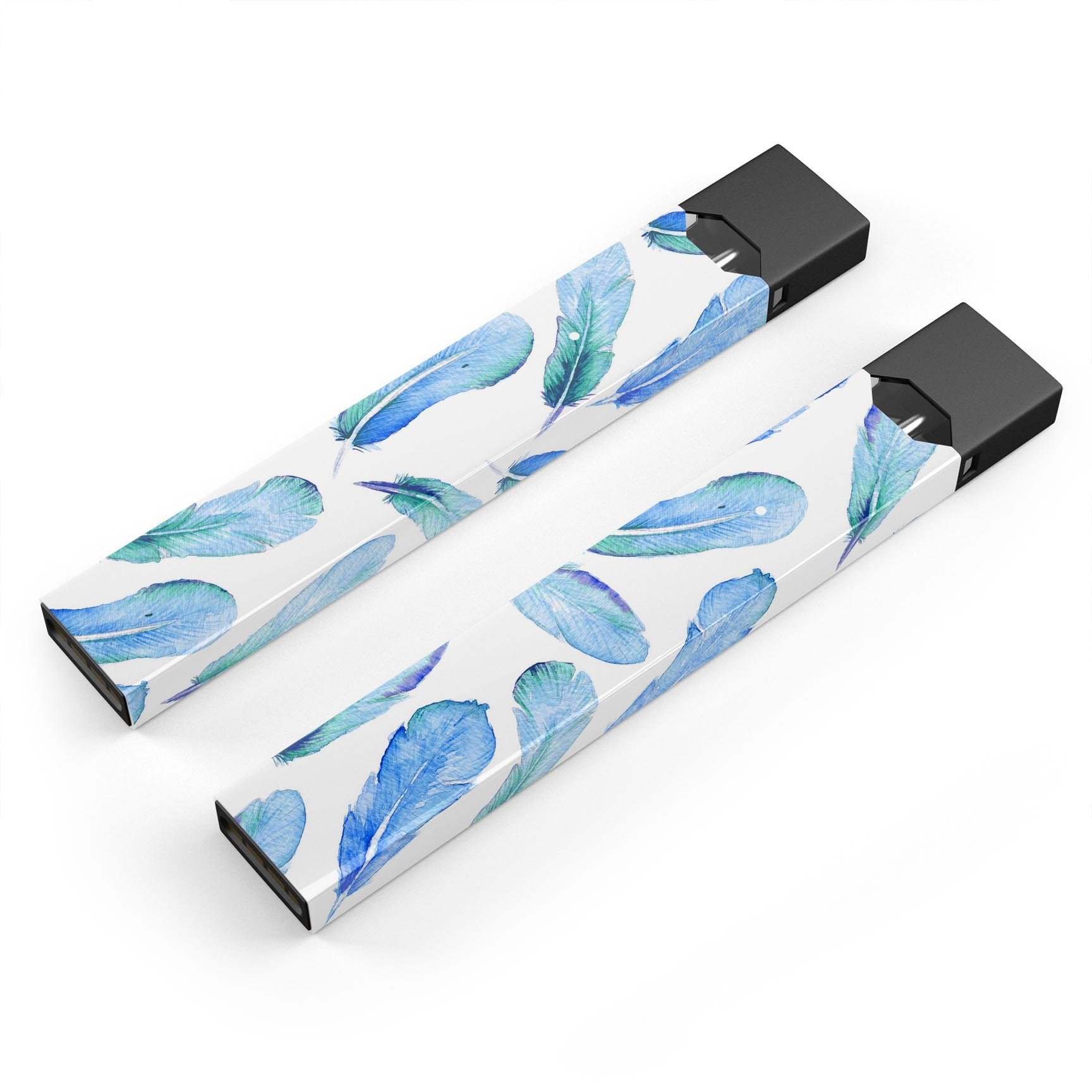 Blue Watercolor Feather Pattern skin wrap for JUUL vaping device, showcasing vibrant colors and intricate feather design.