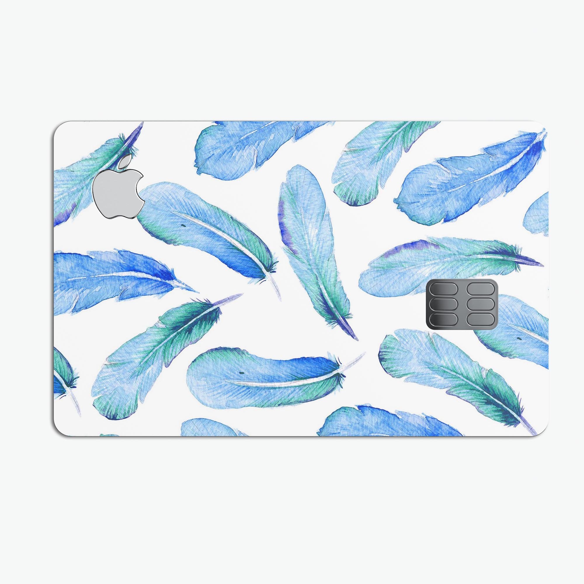 Blue Watercolor Feather Pattern decal skin for Apple Card, showcasing vibrant colors and intricate feather design.