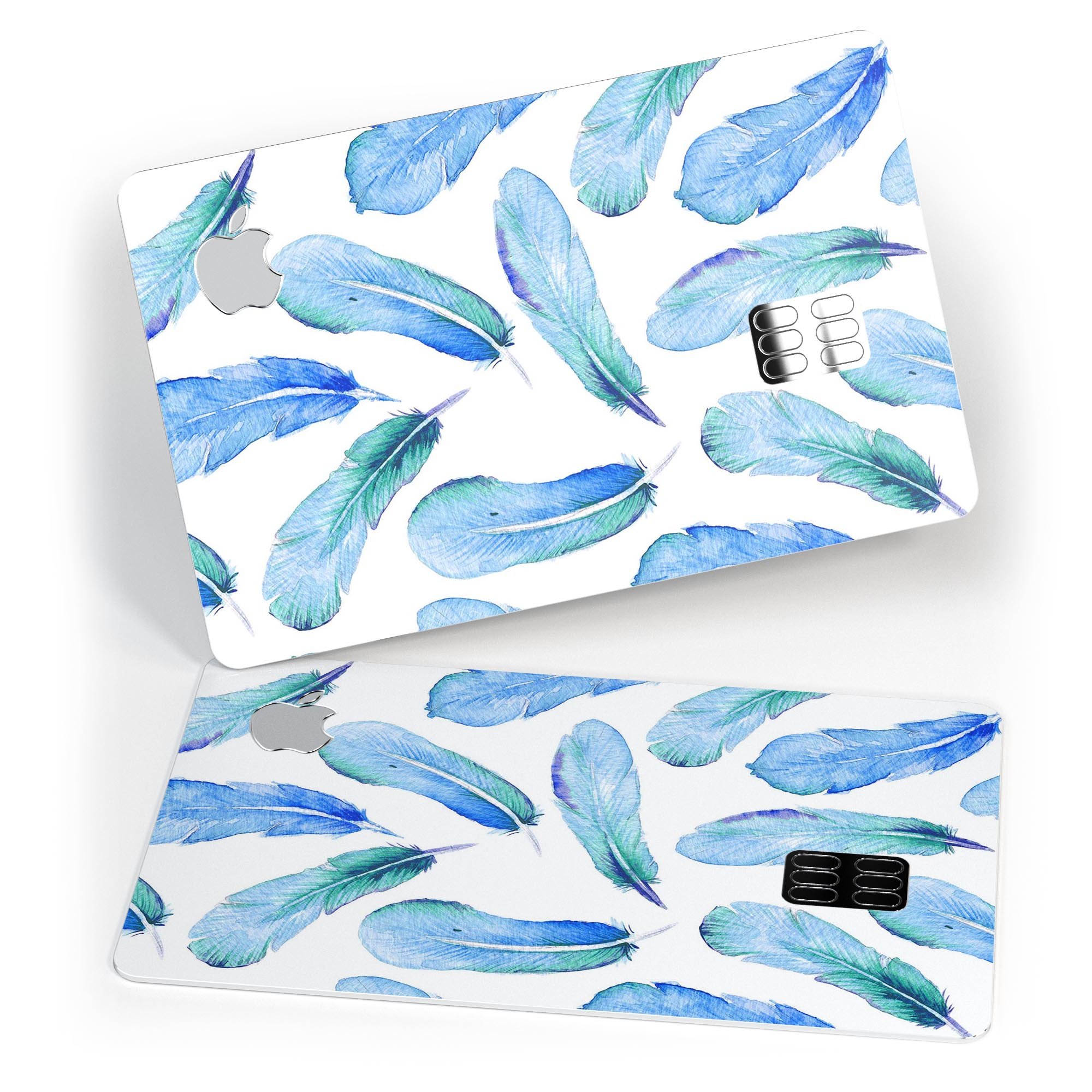 Blue Watercolor Feather Pattern decal skin for Apple Card, showcasing vibrant colors and intricate feather design.