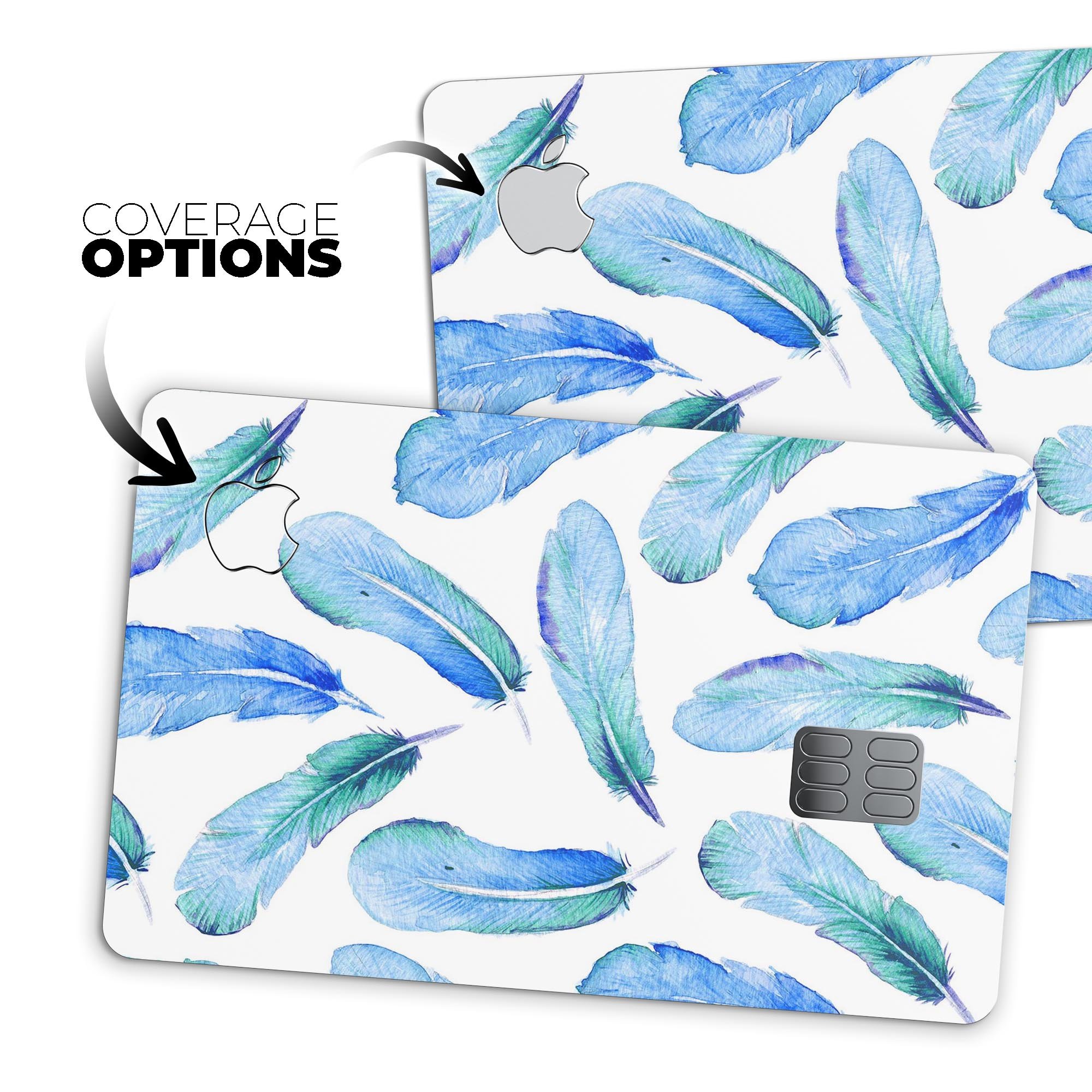 Blue Watercolor Feather Pattern decal skin for Apple Card, showcasing vibrant colors and intricate feather design.