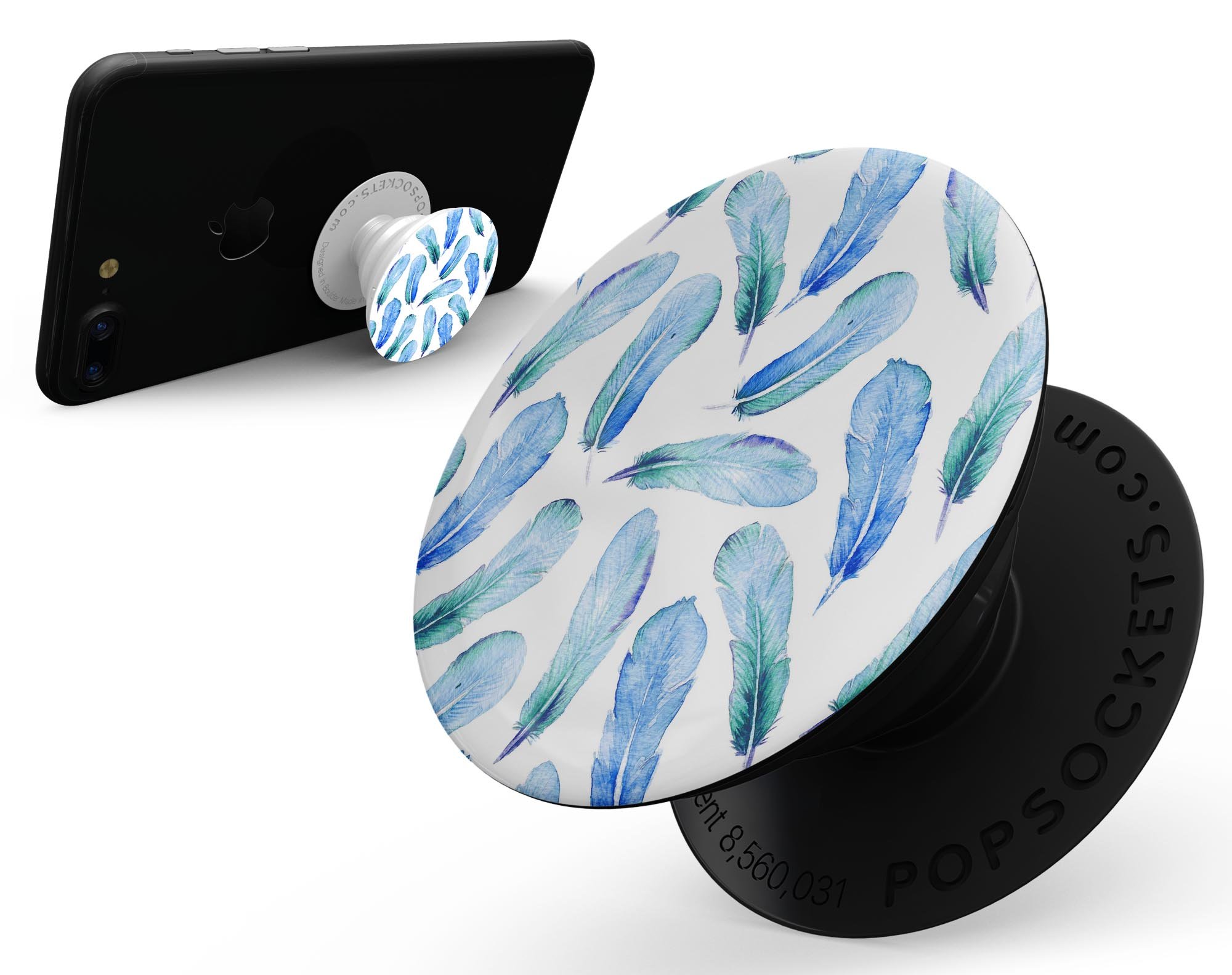 Blue Watercolor Feather Pattern Skin Kit for PopSockets, featuring vibrant colors and intricate feather designs on premium vinyl.