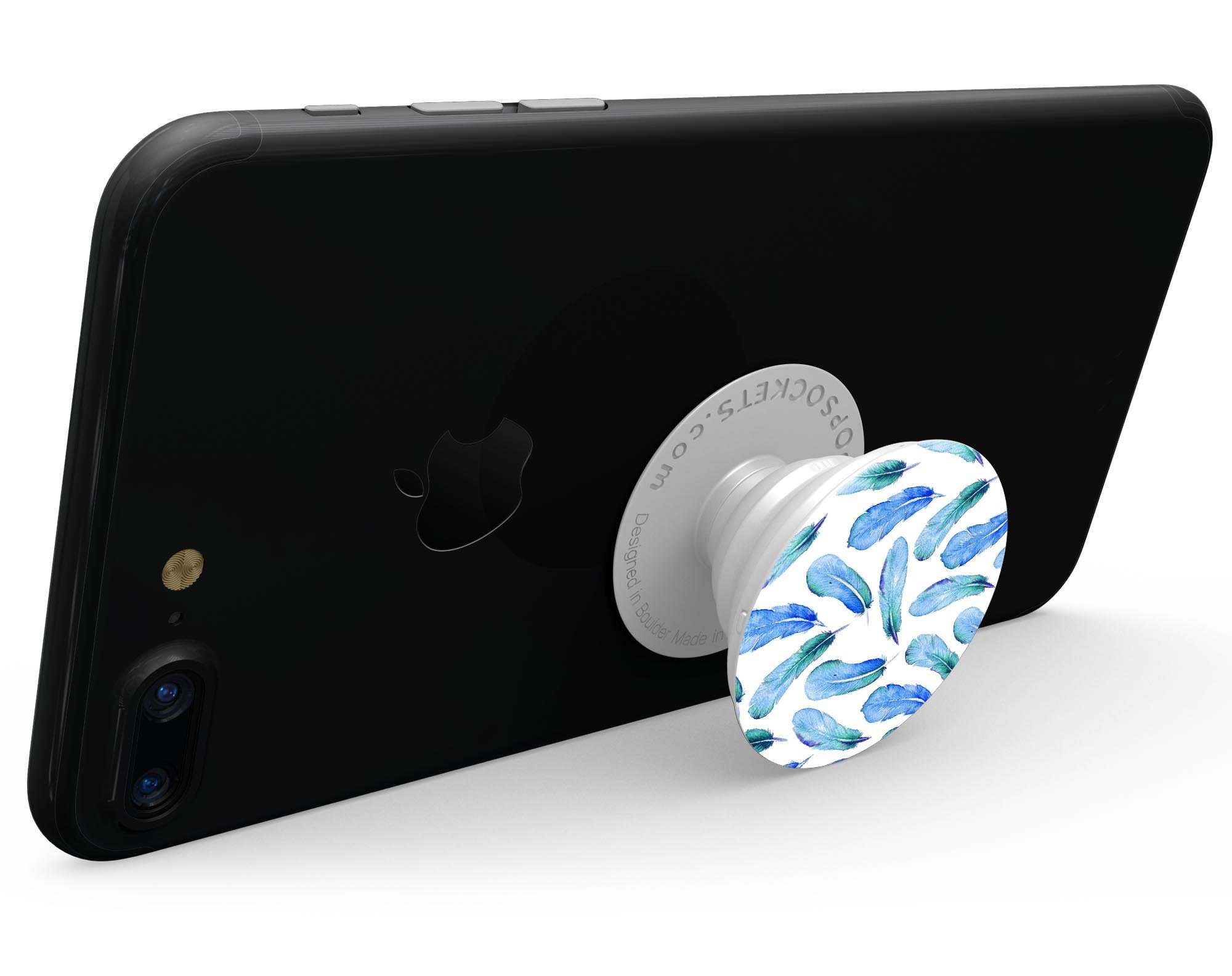 Blue Watercolor Feather Pattern Skin Kit for PopSockets, featuring vibrant colors and intricate feather designs on premium vinyl.