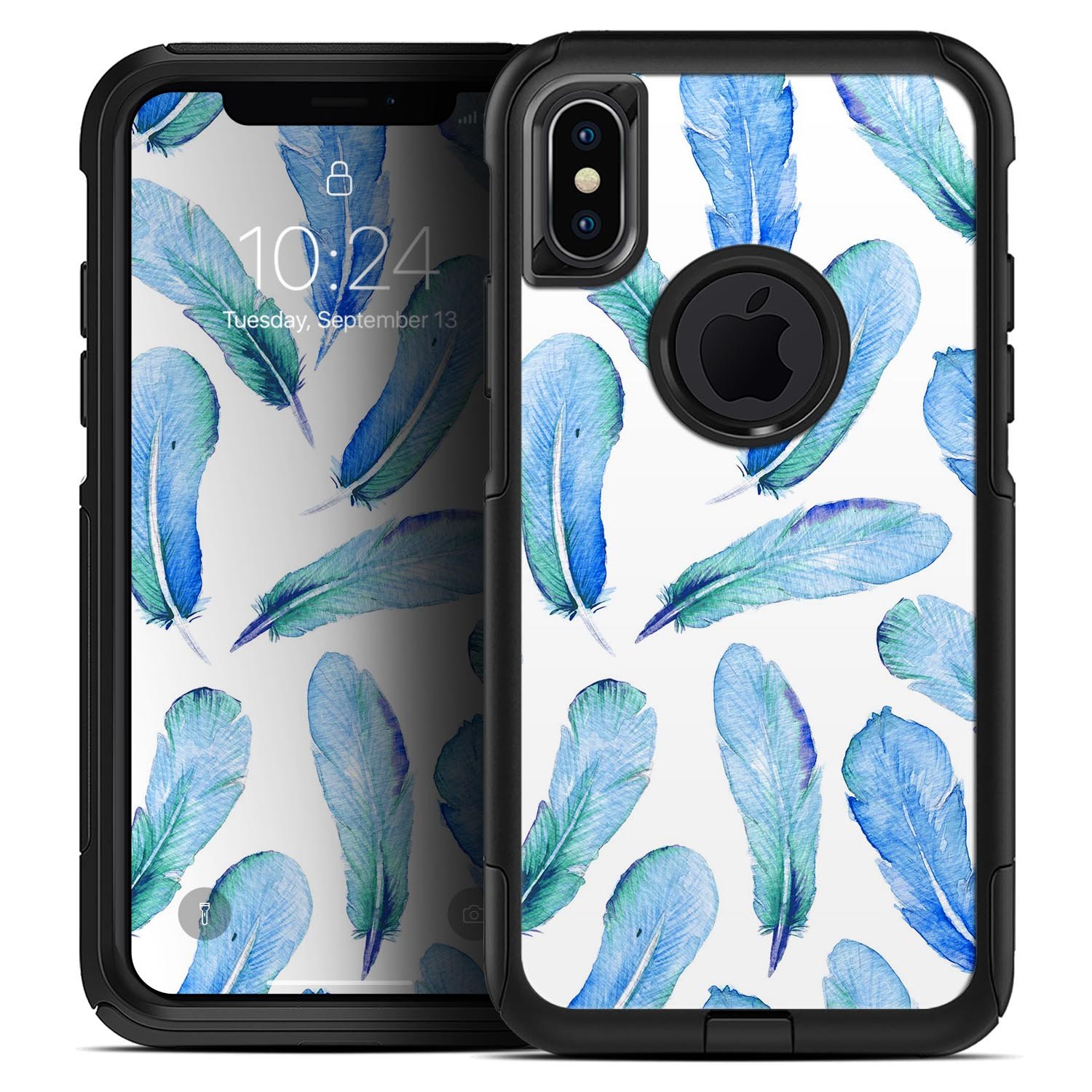 Blue Watercolor Feather Pattern Skin Kit for iPhone OtterBox, showcasing a vibrant feather design on a protective skin.