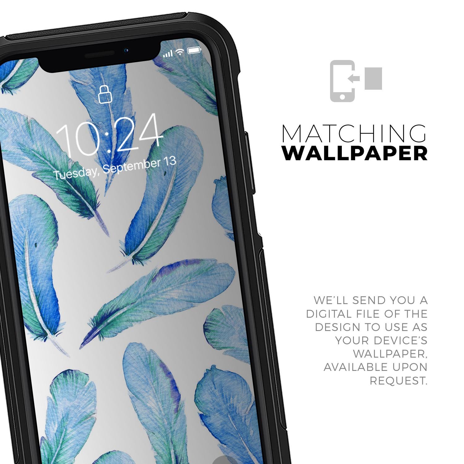 Blue Watercolor Feather Pattern Skin Kit for iPhone OtterBox, showcasing a vibrant feather design on a protective skin.