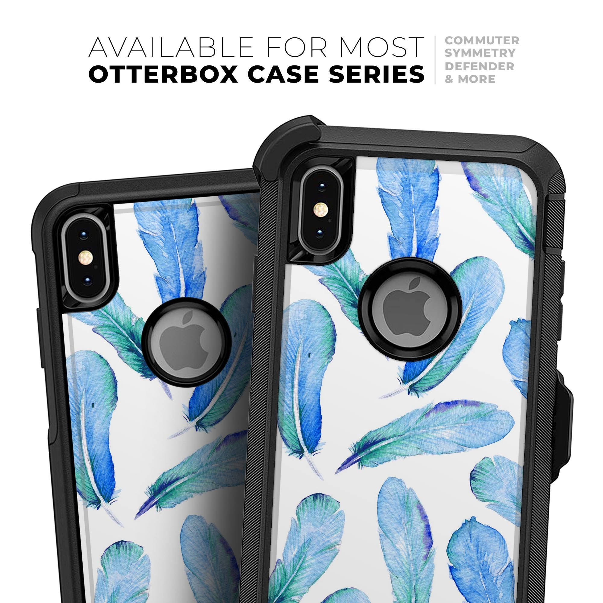 Blue Watercolor Feather Pattern Skin Kit for iPhone OtterBox, showcasing a vibrant feather design on a protective skin.