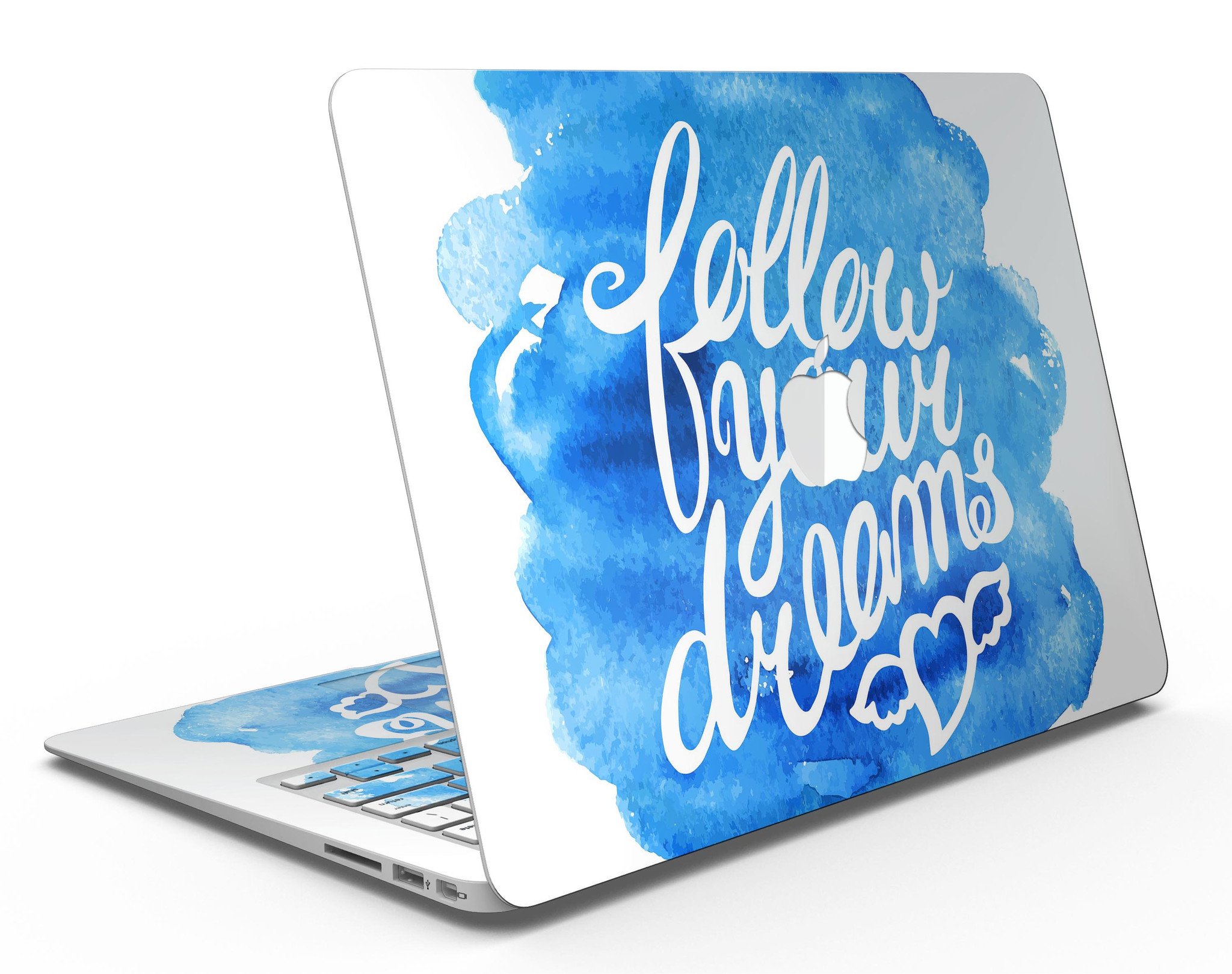 Blue WaterColor Follow Your Dreams MacBook Air Skin Kit showcasing vibrant design and premium vinyl material.