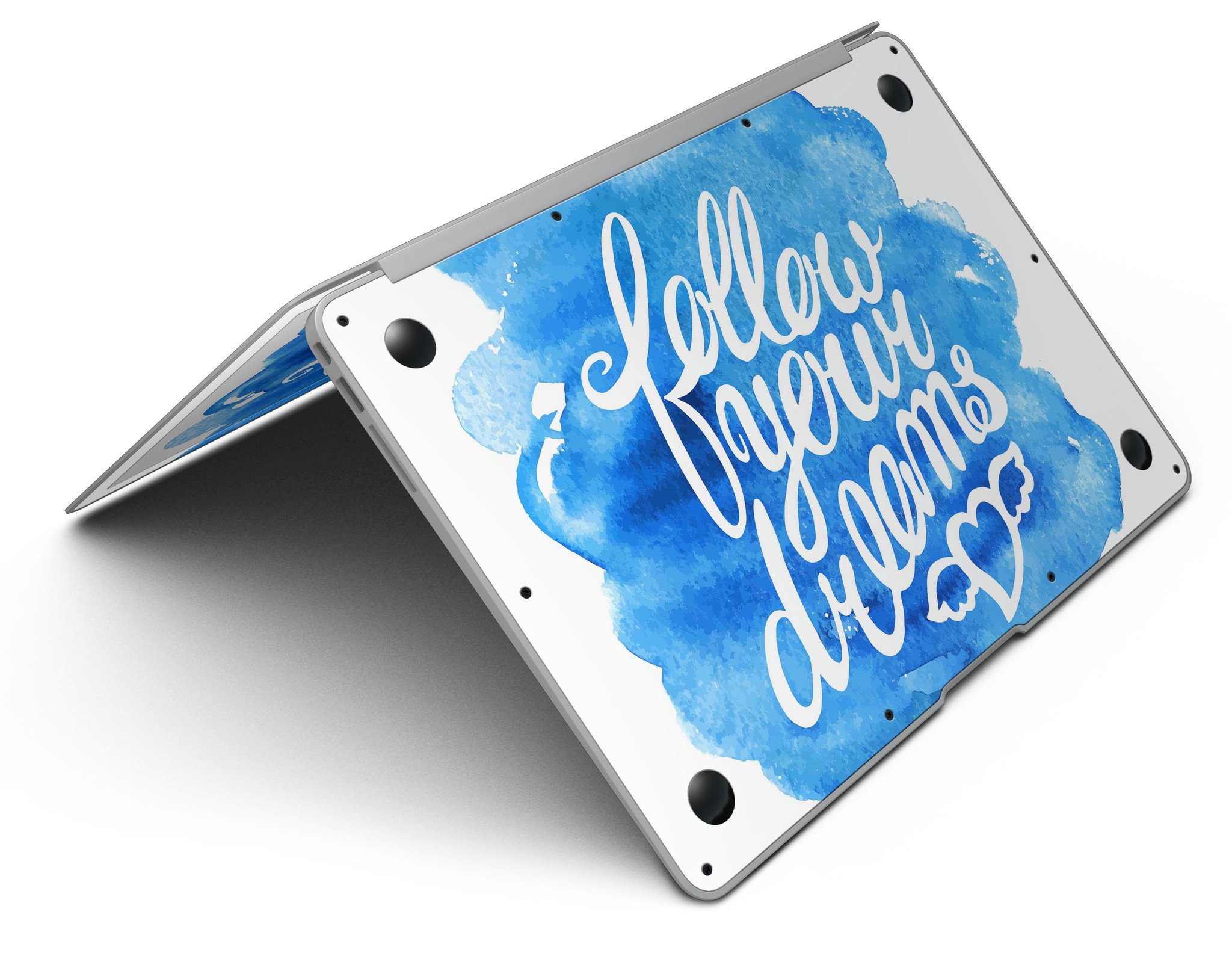 Blue WaterColor Follow Your Dreams MacBook Air Skin Kit showcasing vibrant design and premium vinyl material.