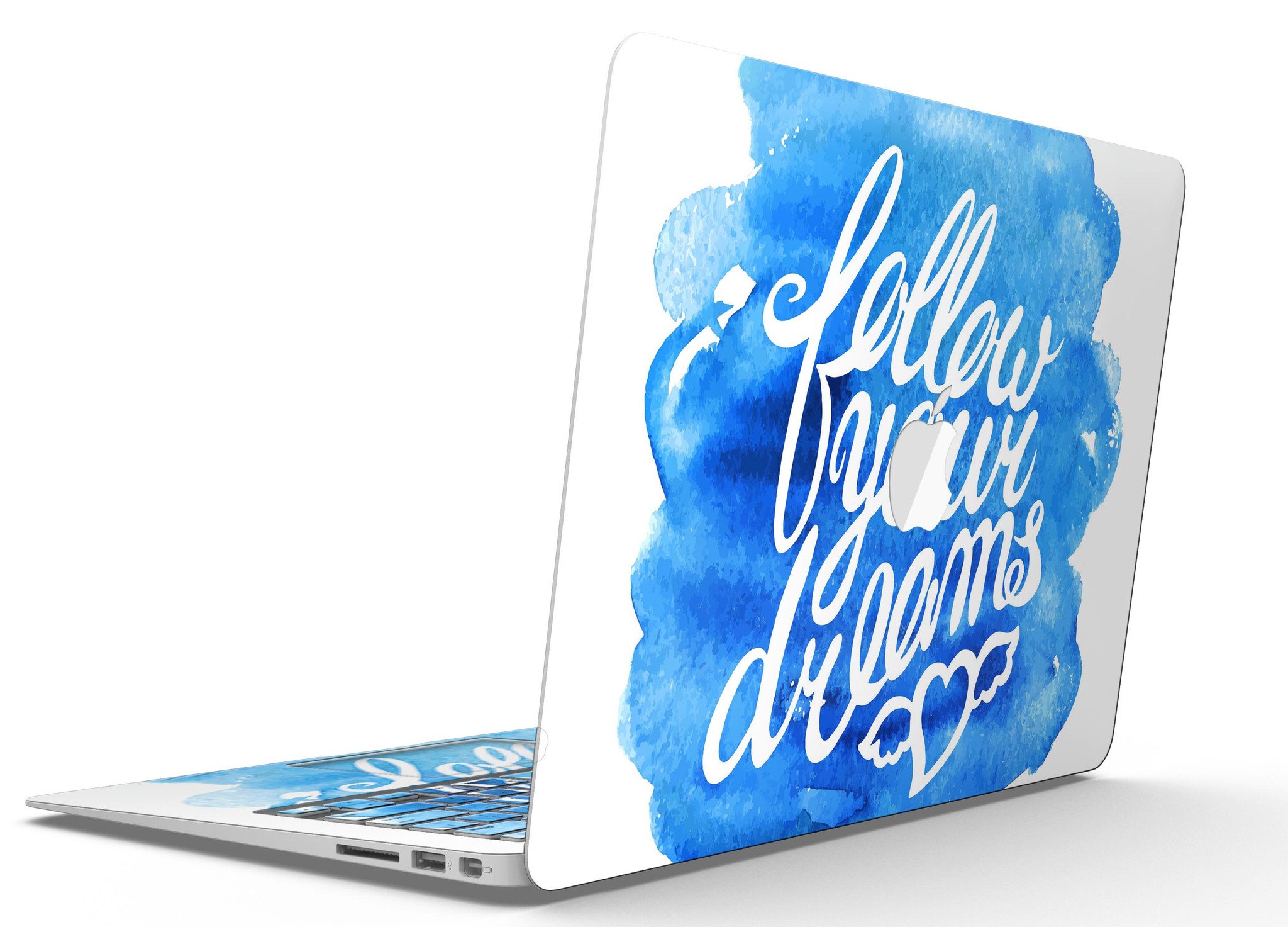 Blue WaterColor Follow Your Dreams MacBook Air Skin Kit showcasing vibrant design and premium vinyl material.