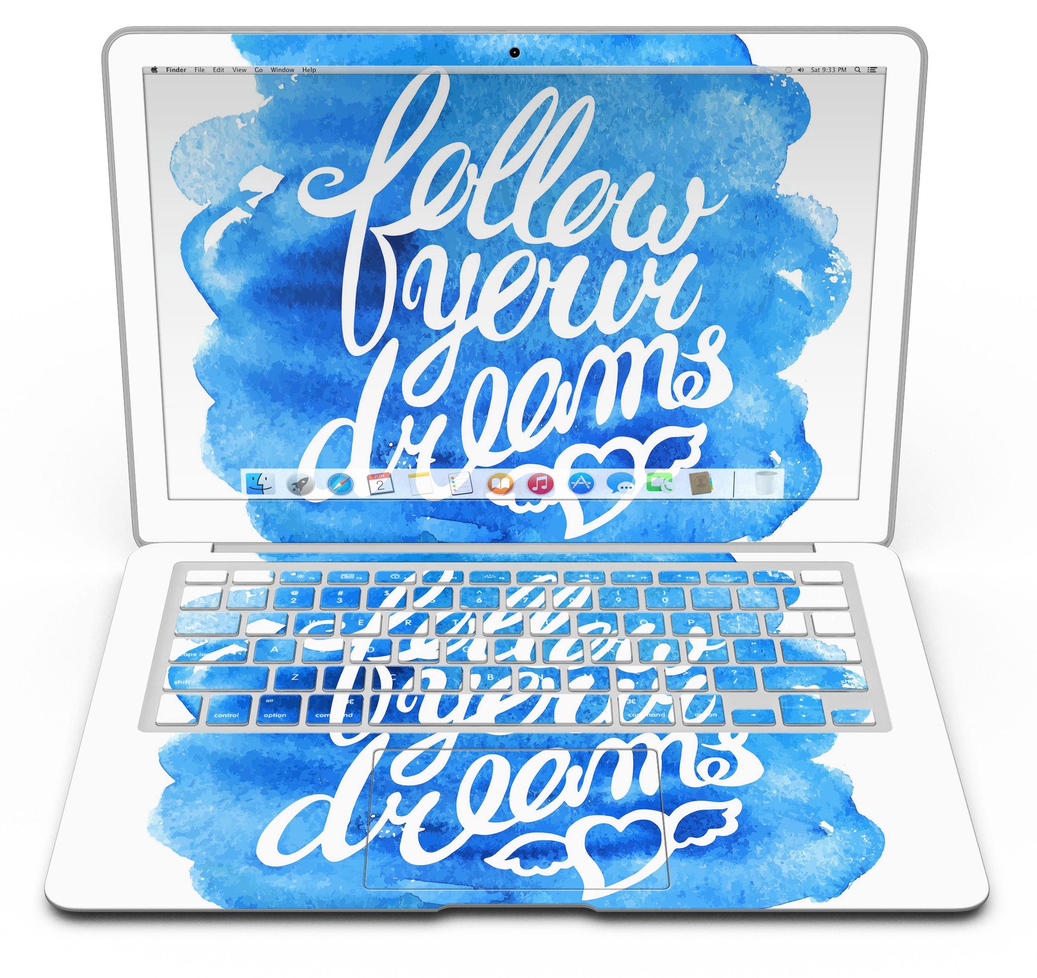 Blue WaterColor Follow Your Dreams MacBook Air Skin Kit showcasing vibrant design and premium vinyl material.