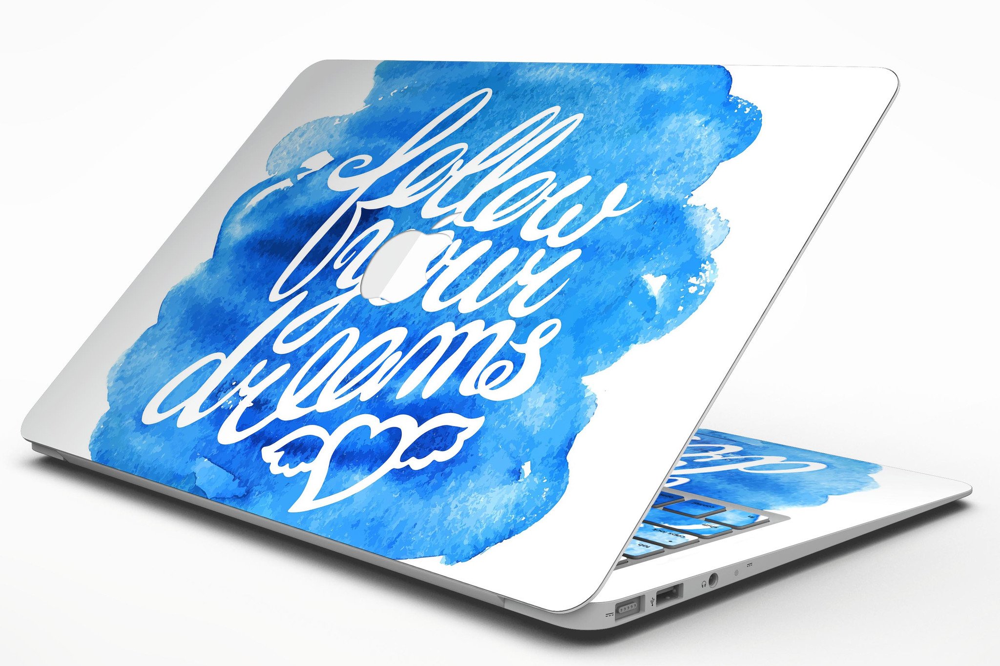 Blue WaterColor Follow Your Dreams MacBook Air Skin Kit showcasing vibrant design and premium vinyl material.