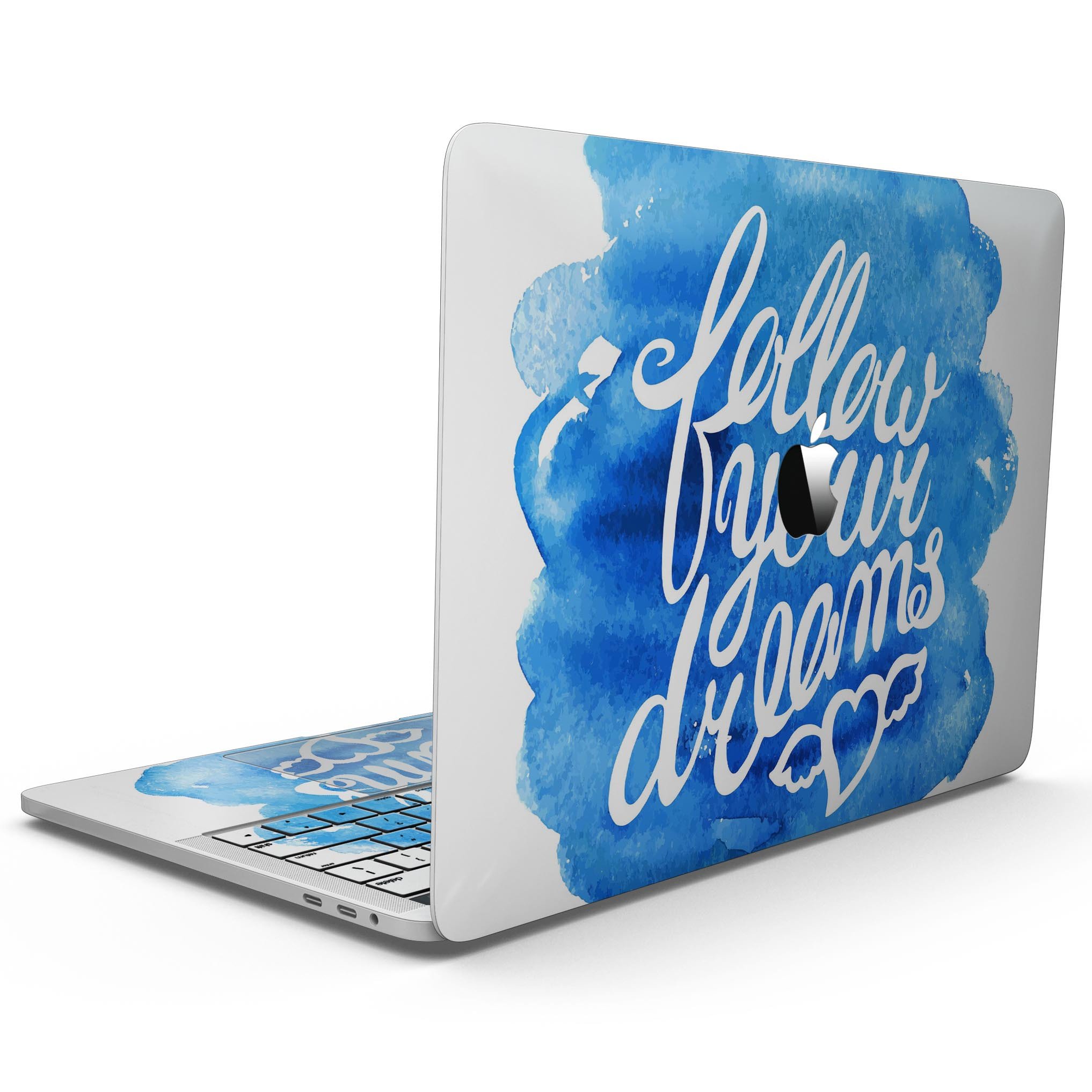 Blue WaterColor Follow Your Dreams skin for MacBook Pro, showcasing vibrant colors and a stylish design.