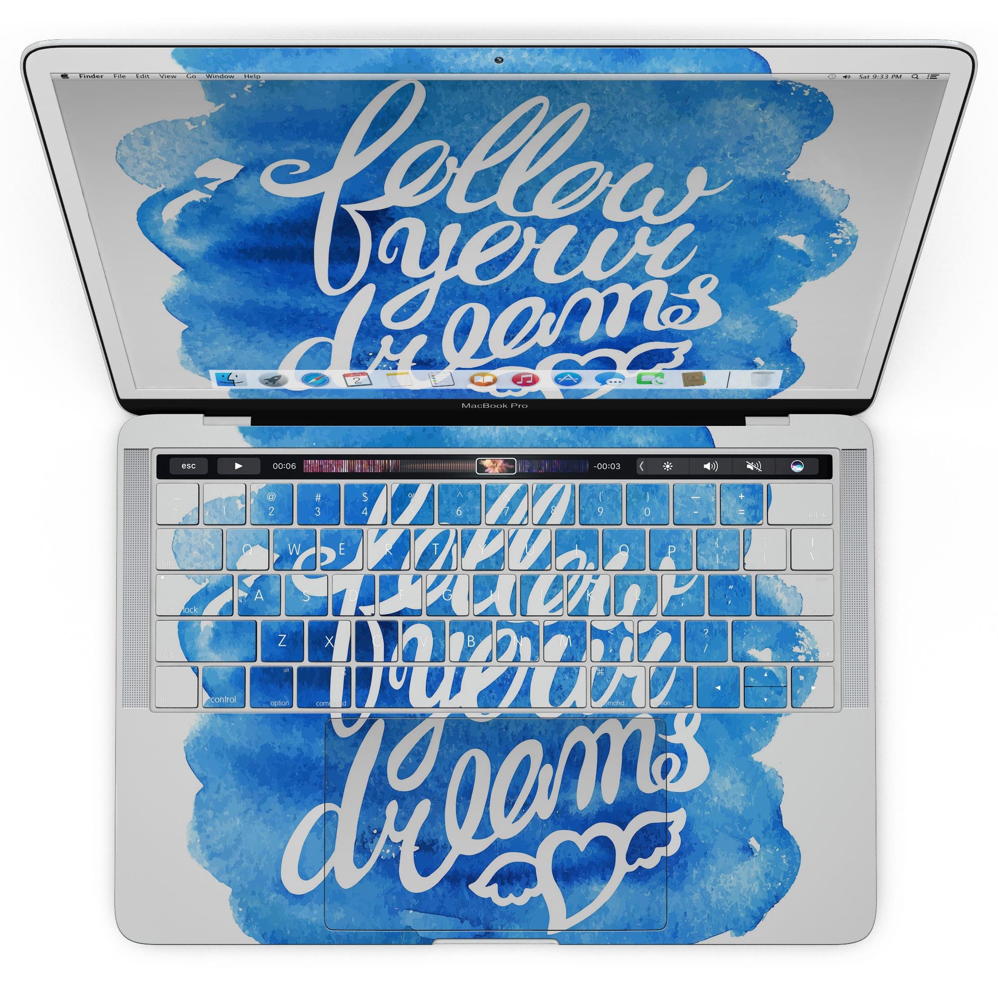 Blue WaterColor Follow Your Dreams skin for MacBook Pro, showcasing vibrant colors and a stylish design.