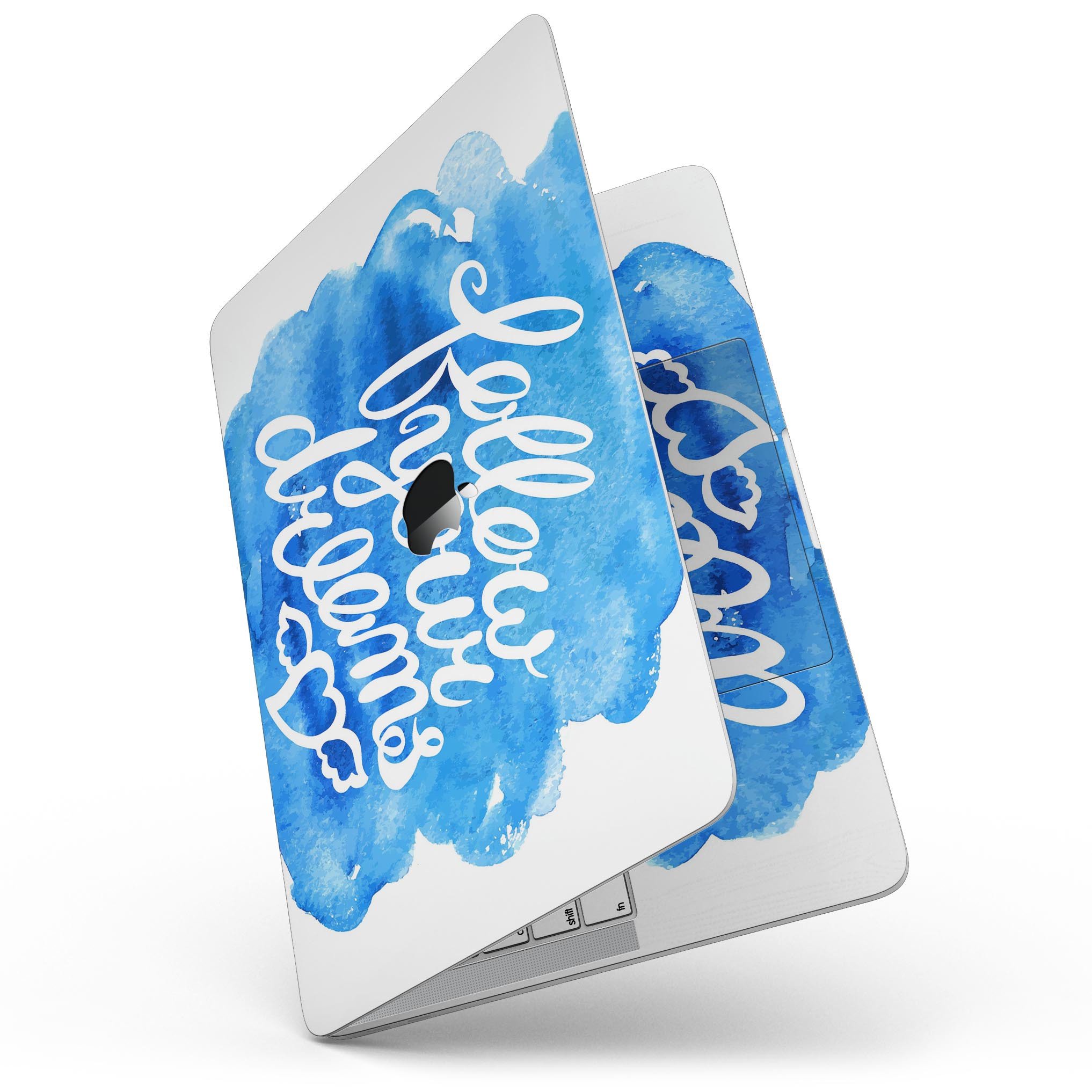 Blue WaterColor Follow Your Dreams skin for MacBook Pro, showcasing vibrant colors and a stylish design.