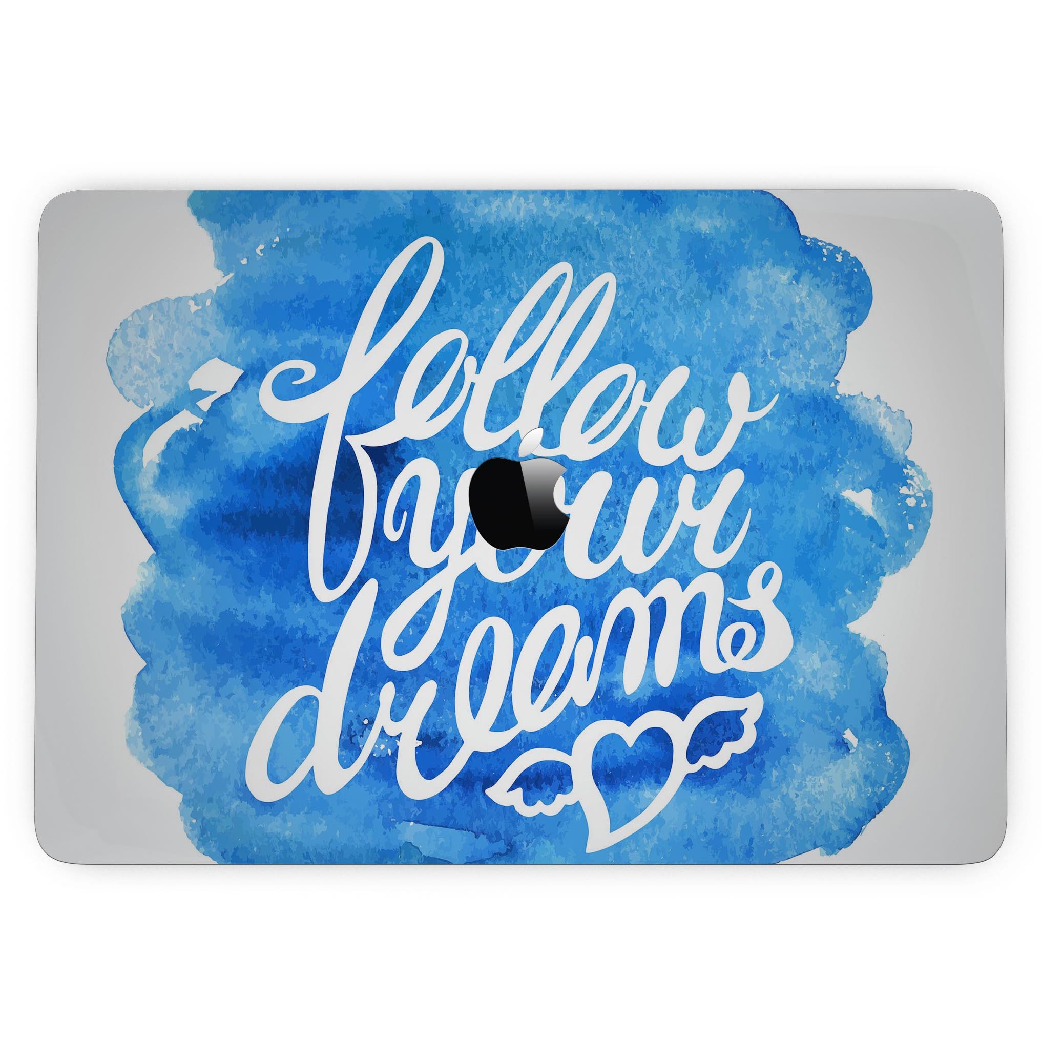 Blue WaterColor Follow Your Dreams skin for MacBook Pro, showcasing vibrant colors and a stylish design.