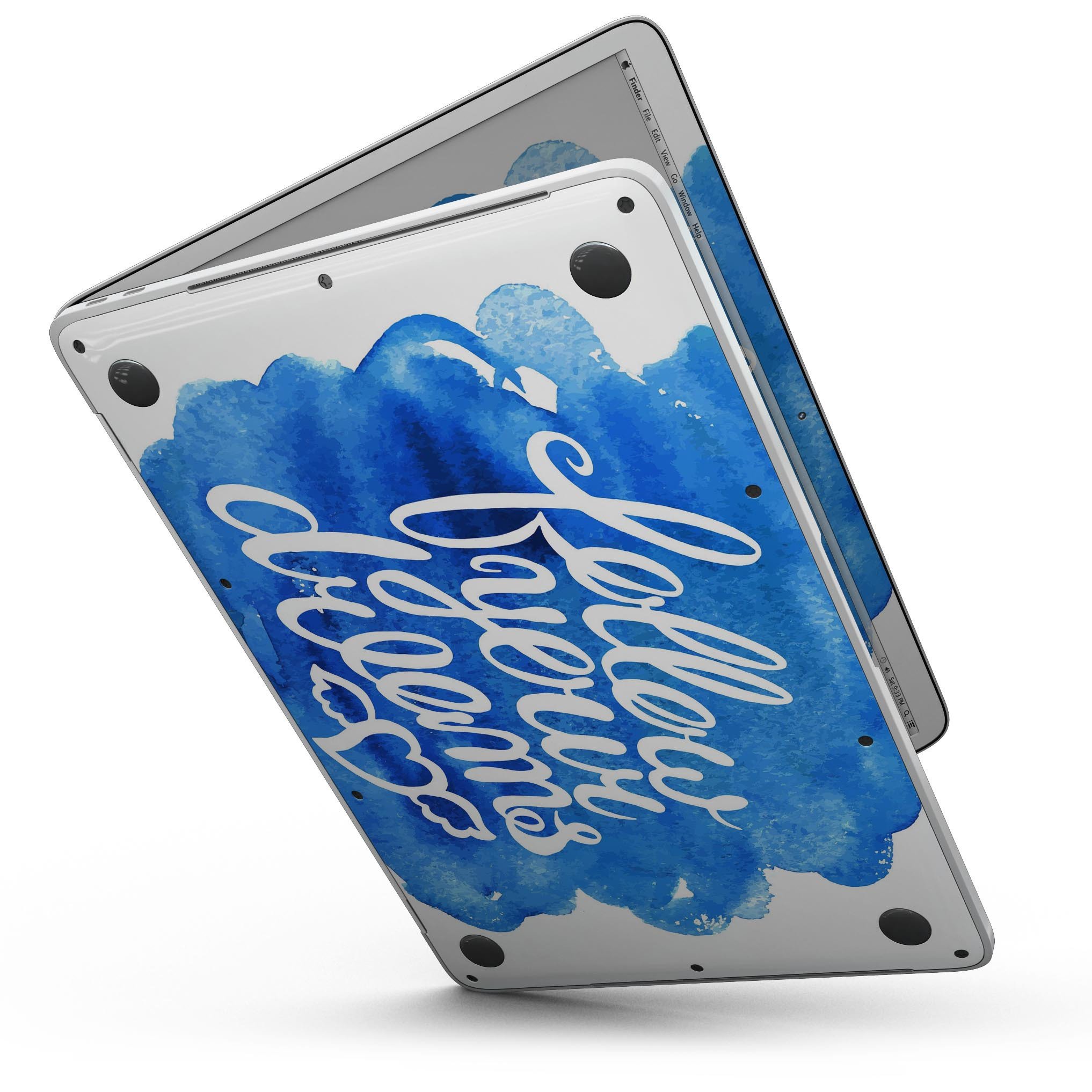 Blue WaterColor Follow Your Dreams skin for MacBook Pro, showcasing vibrant colors and a stylish design.