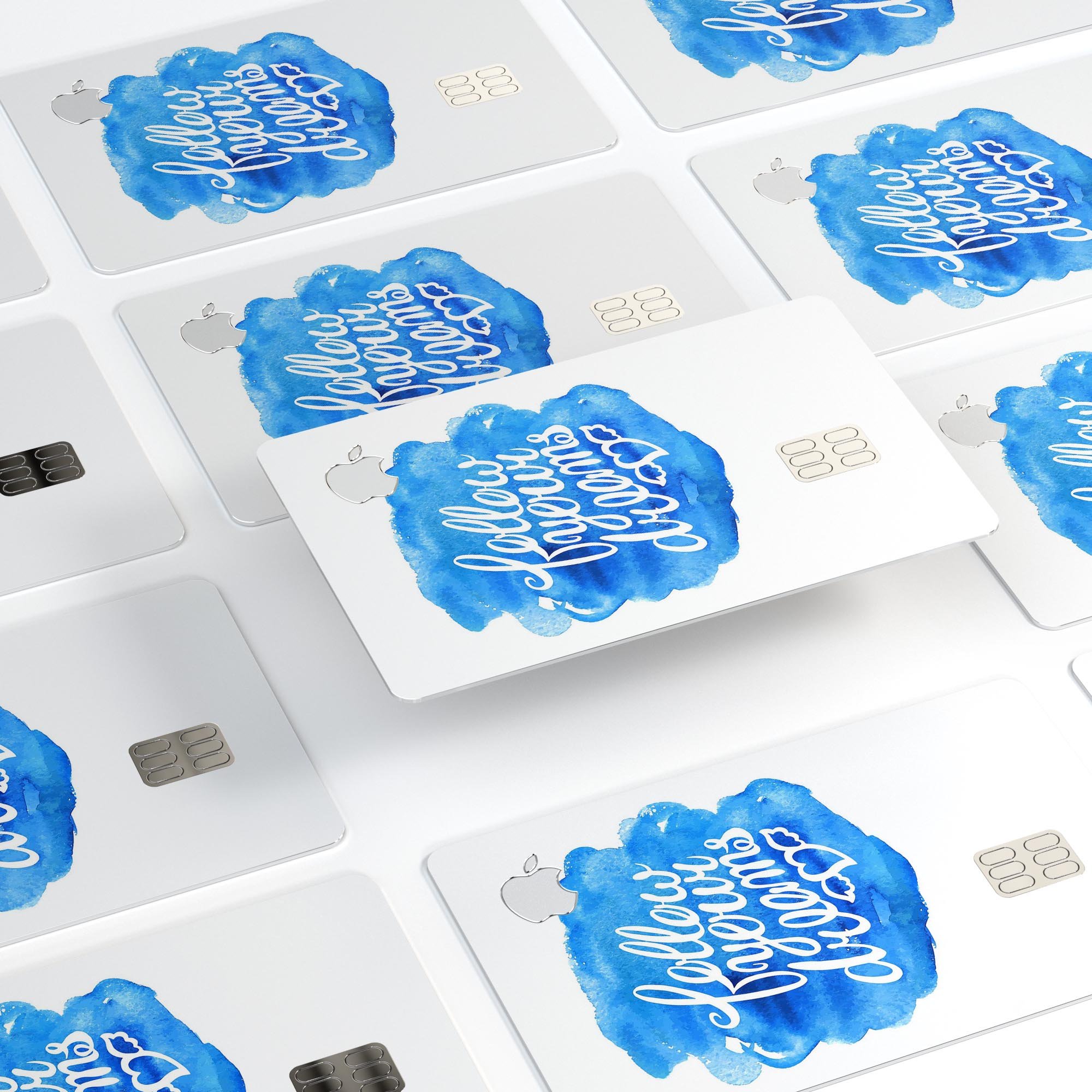 Blue WaterColor Follow Your Dreams decal skin for Apple Card, showcasing vibrant colors and a protective design.