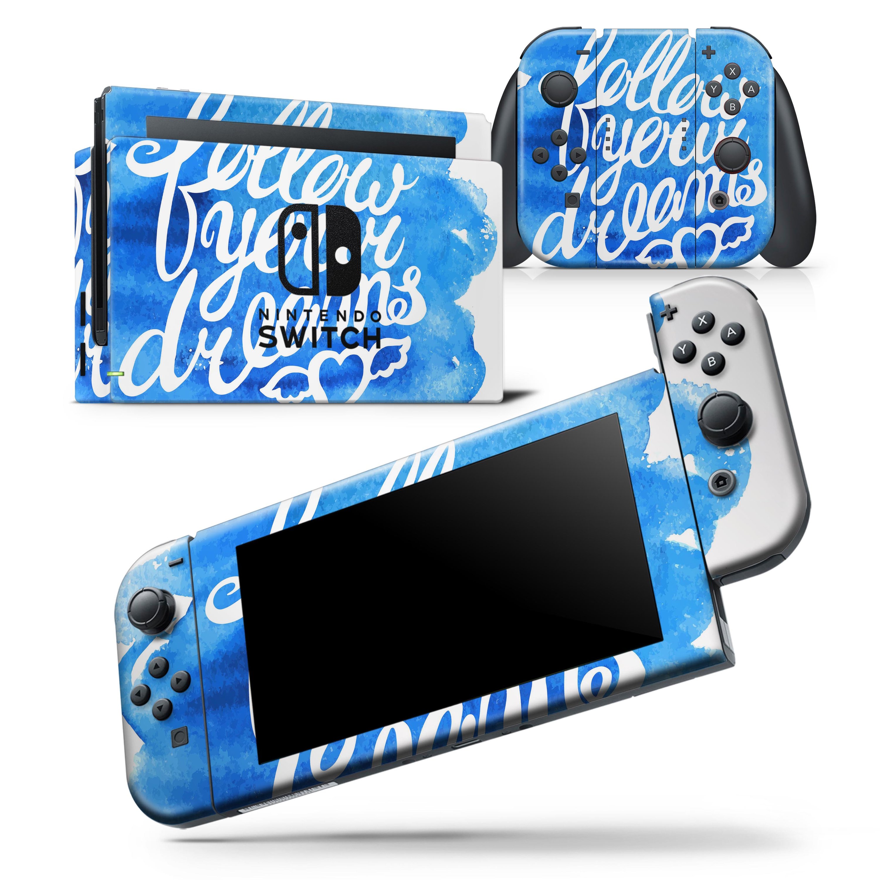 Blue WaterColor Follow Your Dreams skin wrap decal for Nintendo Switch, showcasing vibrant colors and a stylish design.