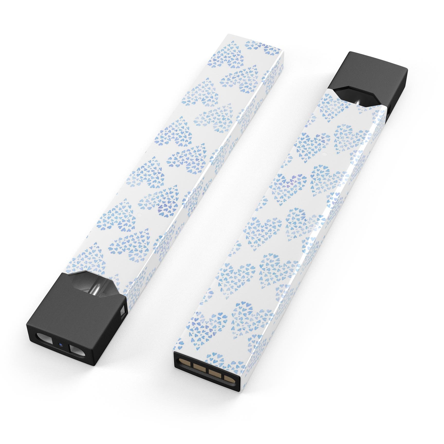 Blue Watercolor Hearts Pattern skin wrap for JUUL vaping device, showcasing vibrant heart designs on a protective vinyl layer.