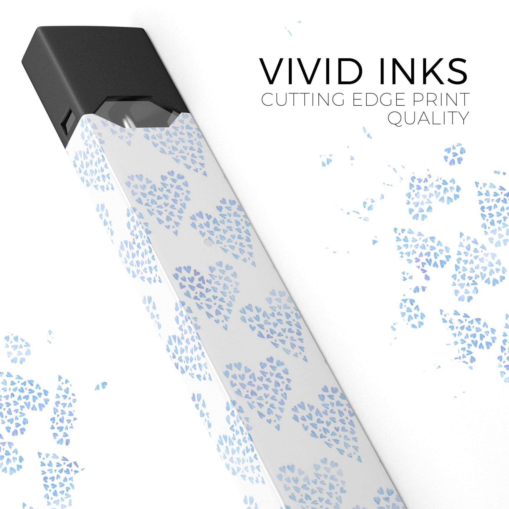 Blue Watercolor Hearts Pattern skin wrap for JUUL vaping device, showcasing vibrant heart designs on a protective vinyl layer.