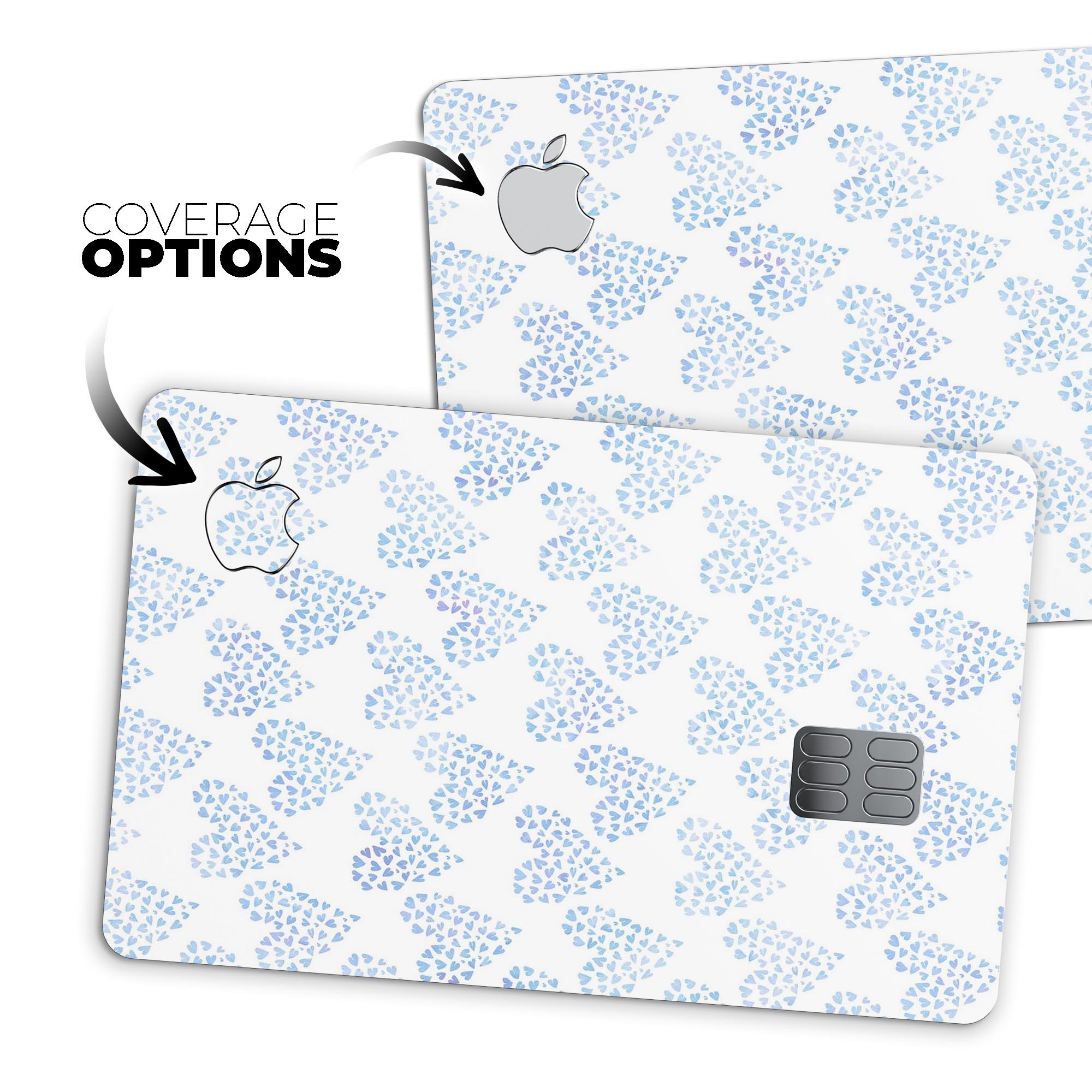 Blue Watercolor Hearts Pattern protective decal skin for Apple Card, showcasing vibrant colors and intricate heart designs.