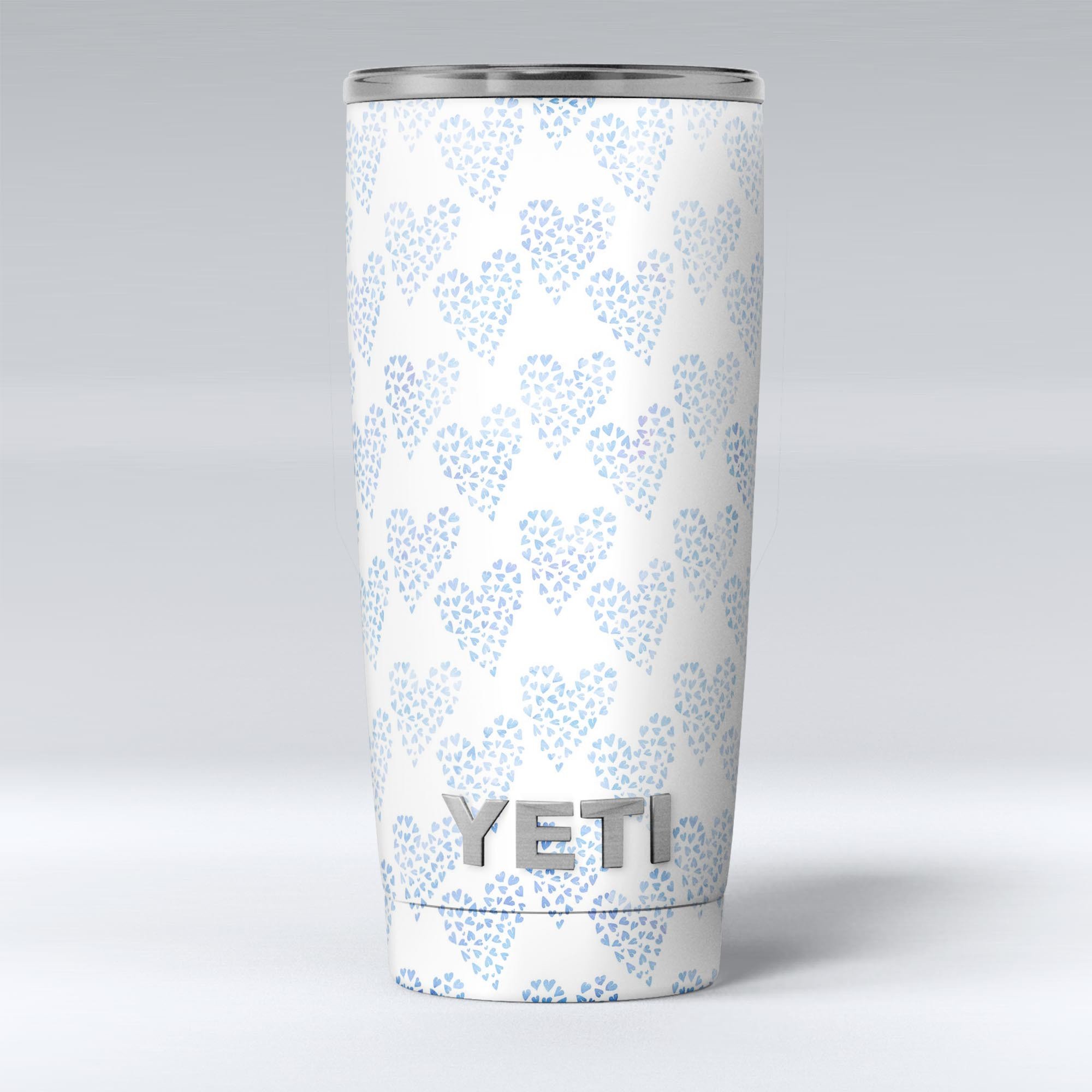 Blue Watercolor Hearts Pattern Skin Decal Vinyl Wrap Kit for Yeti Coolers, showcasing vibrant colors and a stylish design.