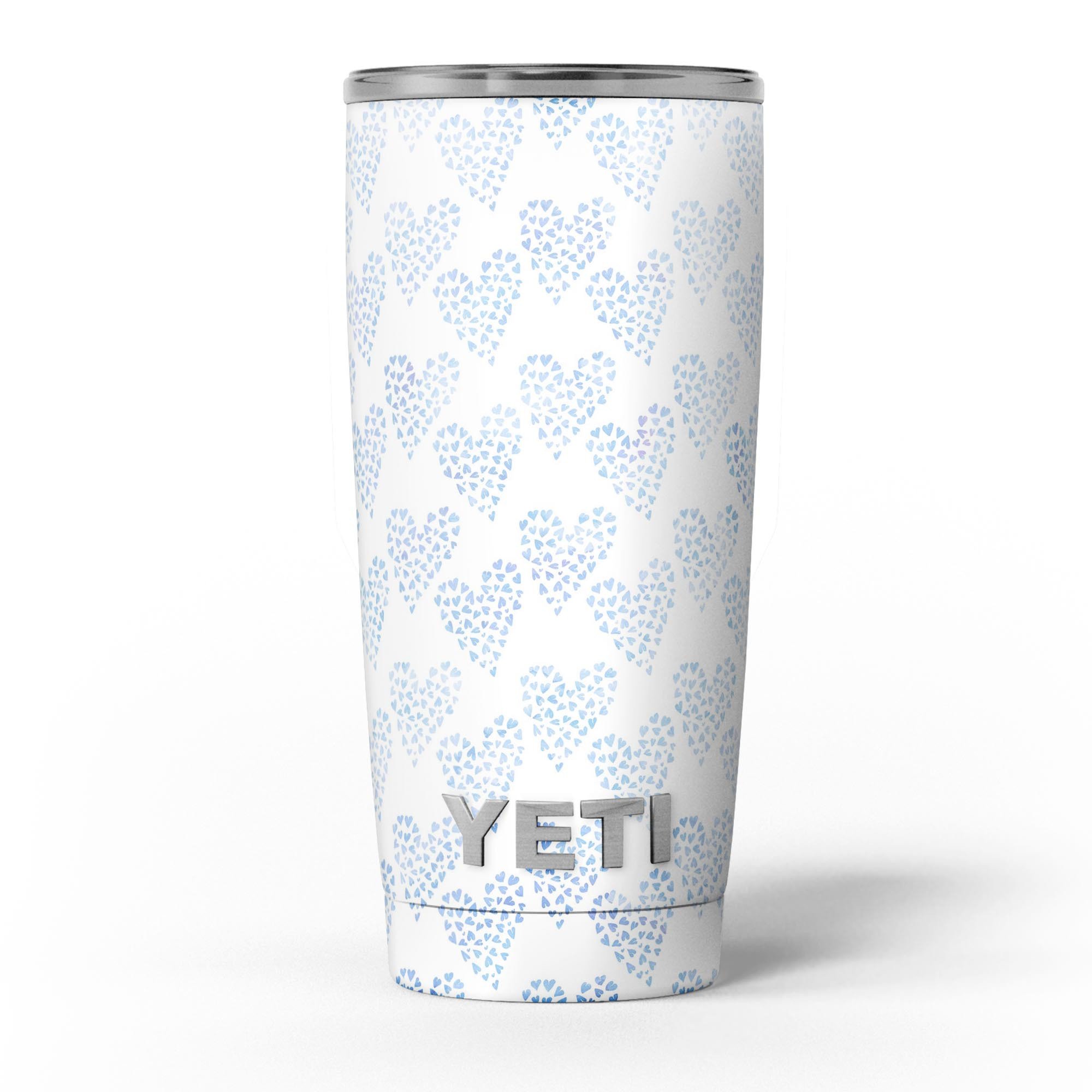 Blue Watercolor Hearts Pattern Skin Decal Vinyl Wrap Kit for Yeti Coolers, showcasing vibrant colors and a stylish design.