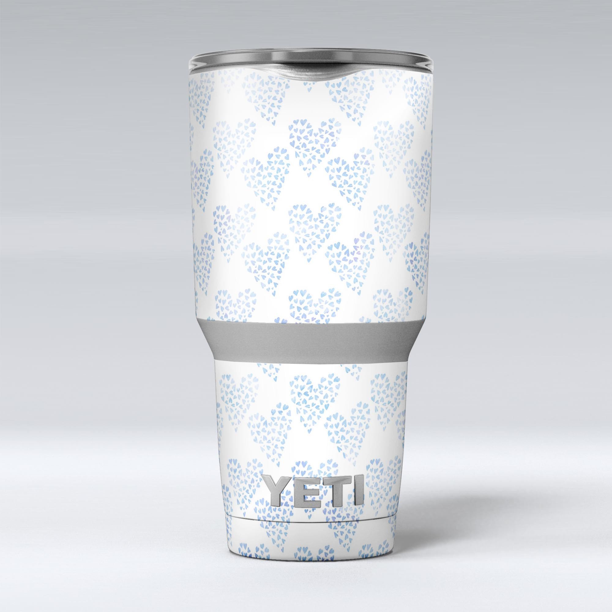 Blue Watercolor Hearts Pattern Skin Decal Vinyl Wrap Kit for Yeti Coolers, showcasing vibrant colors and a stylish design.