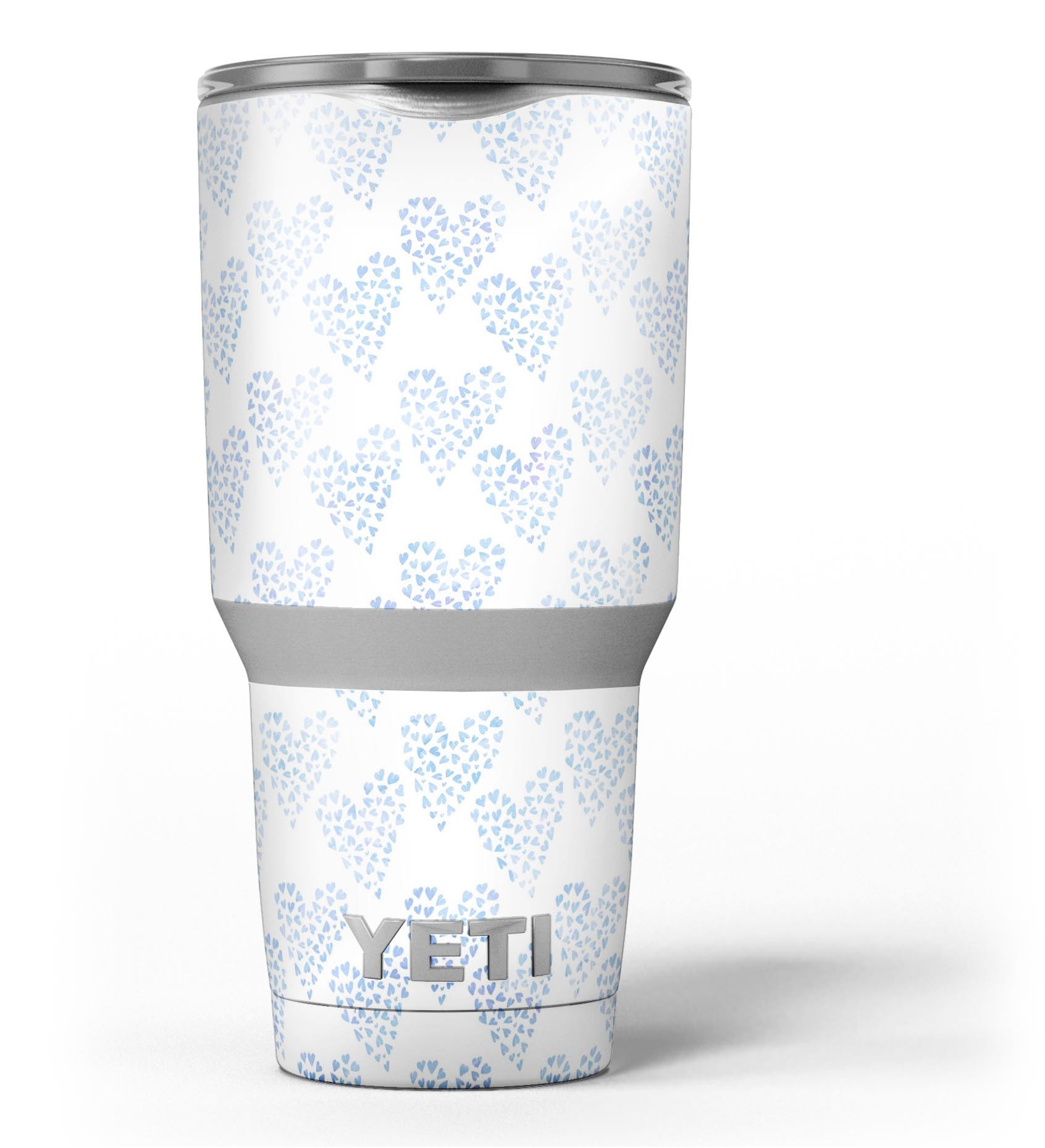 Blue Watercolor Hearts Pattern Skin Decal Vinyl Wrap Kit for Yeti Coolers, showcasing vibrant colors and a stylish design.