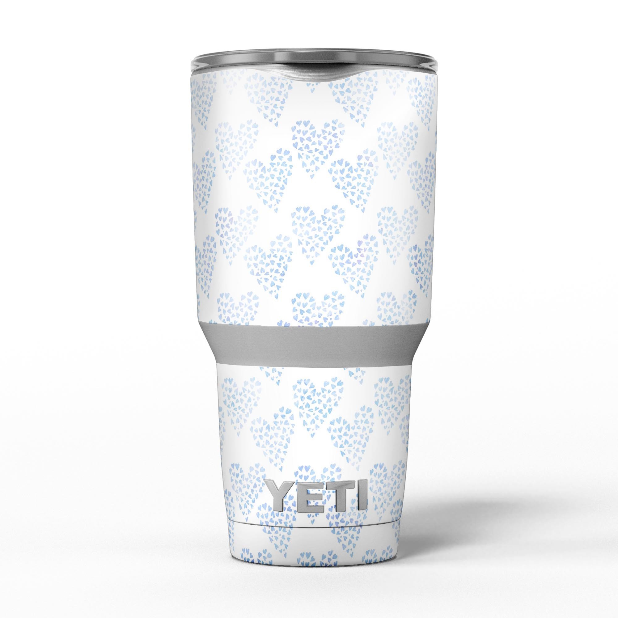 Blue Watercolor Hearts Pattern Skin Decal Vinyl Wrap Kit for Yeti Coolers, showcasing vibrant colors and a stylish design.