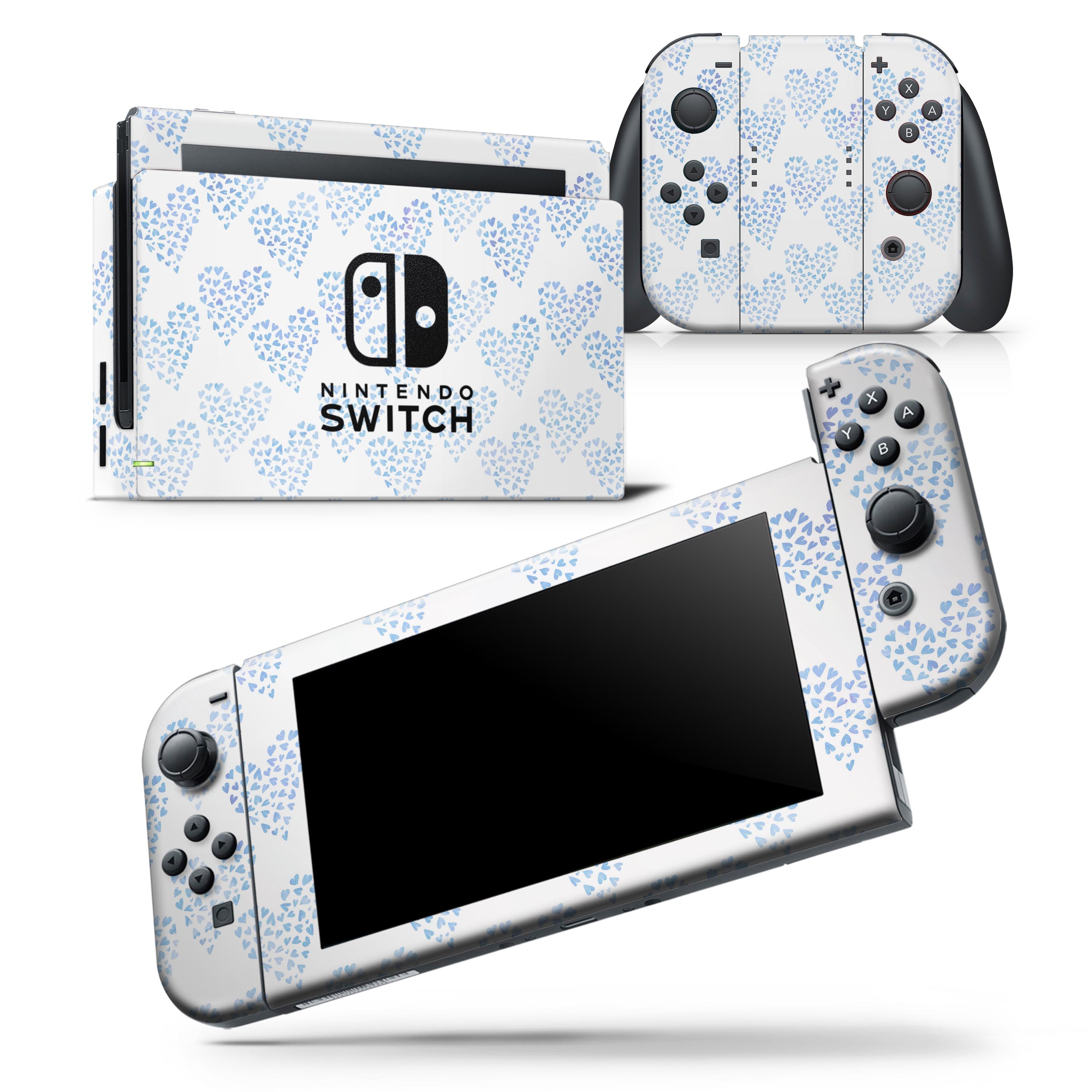 Blue Watercolor Hearts Pattern Skin Wrap Decal for Nintendo Switch, showcasing vibrant heart designs on a sleek vinyl surface.