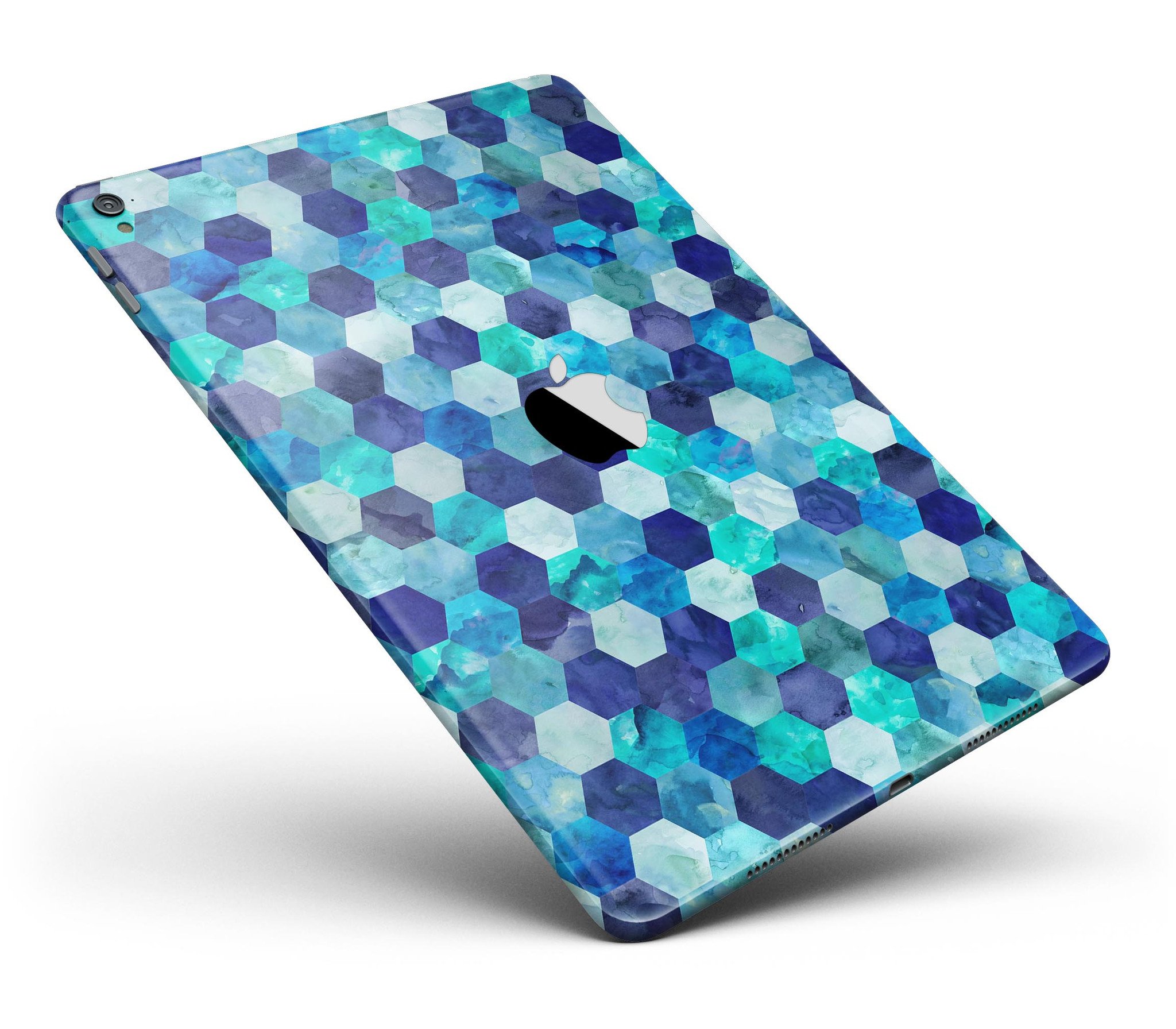 Blue Watercolor Hexagon Pattern Full Body Skin for iPad Pro, showcasing vibrant colors and intricate design.