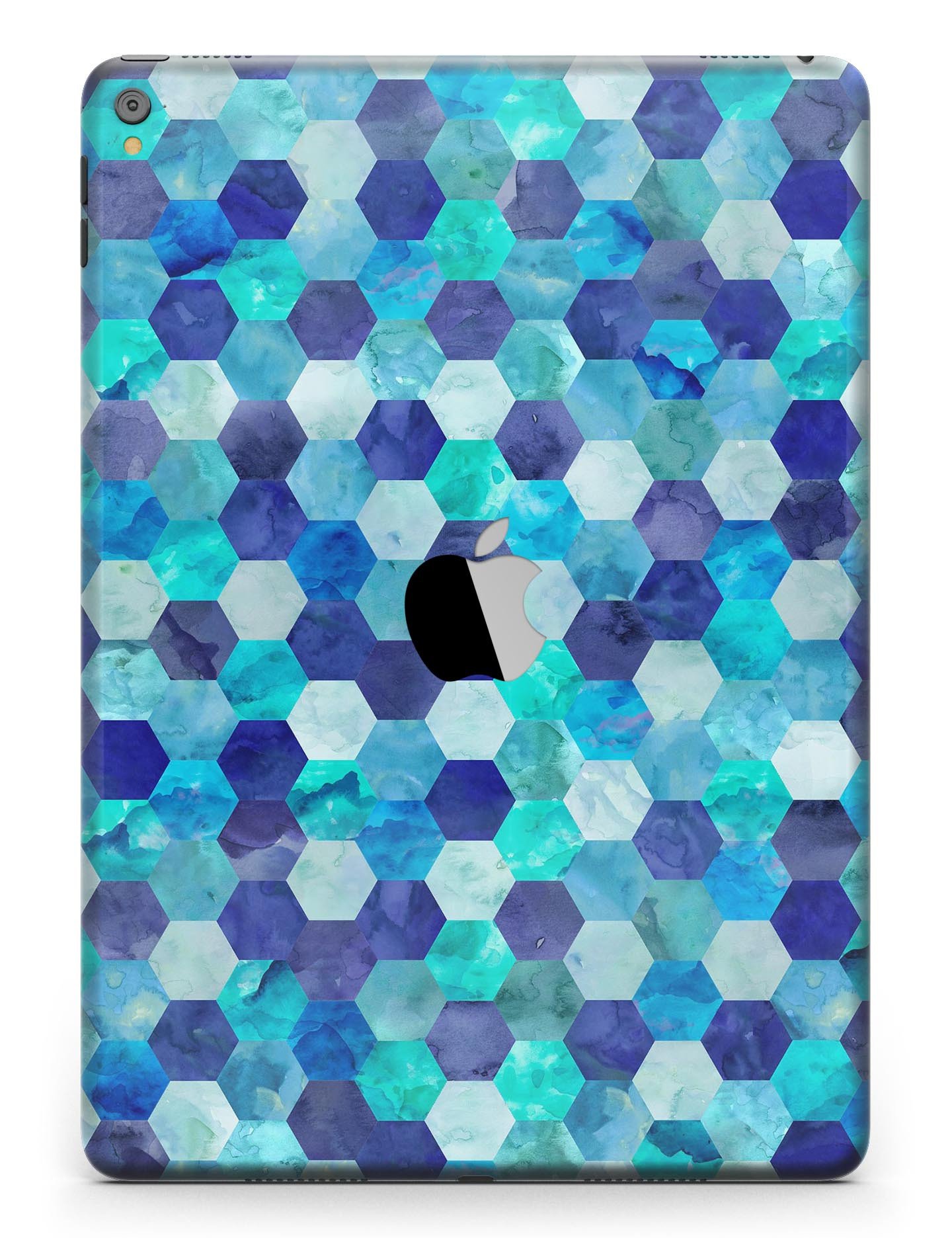 Blue Watercolor Hexagon Pattern Full Body Skin for iPad Pro, showcasing vibrant colors and intricate design.