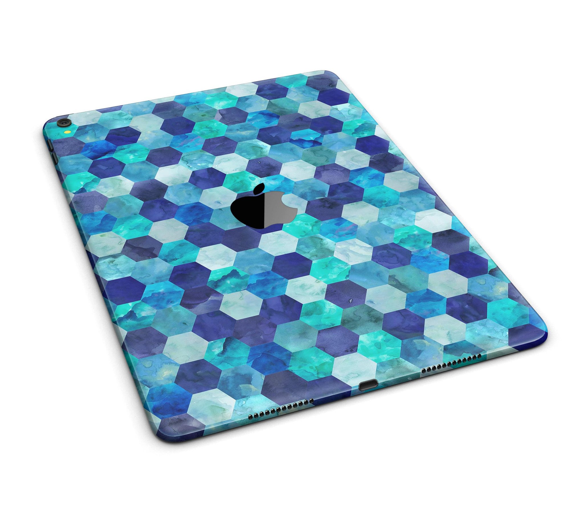 Blue Watercolor Hexagon Pattern Full Body Skin for iPad Pro, showcasing vibrant colors and intricate design.