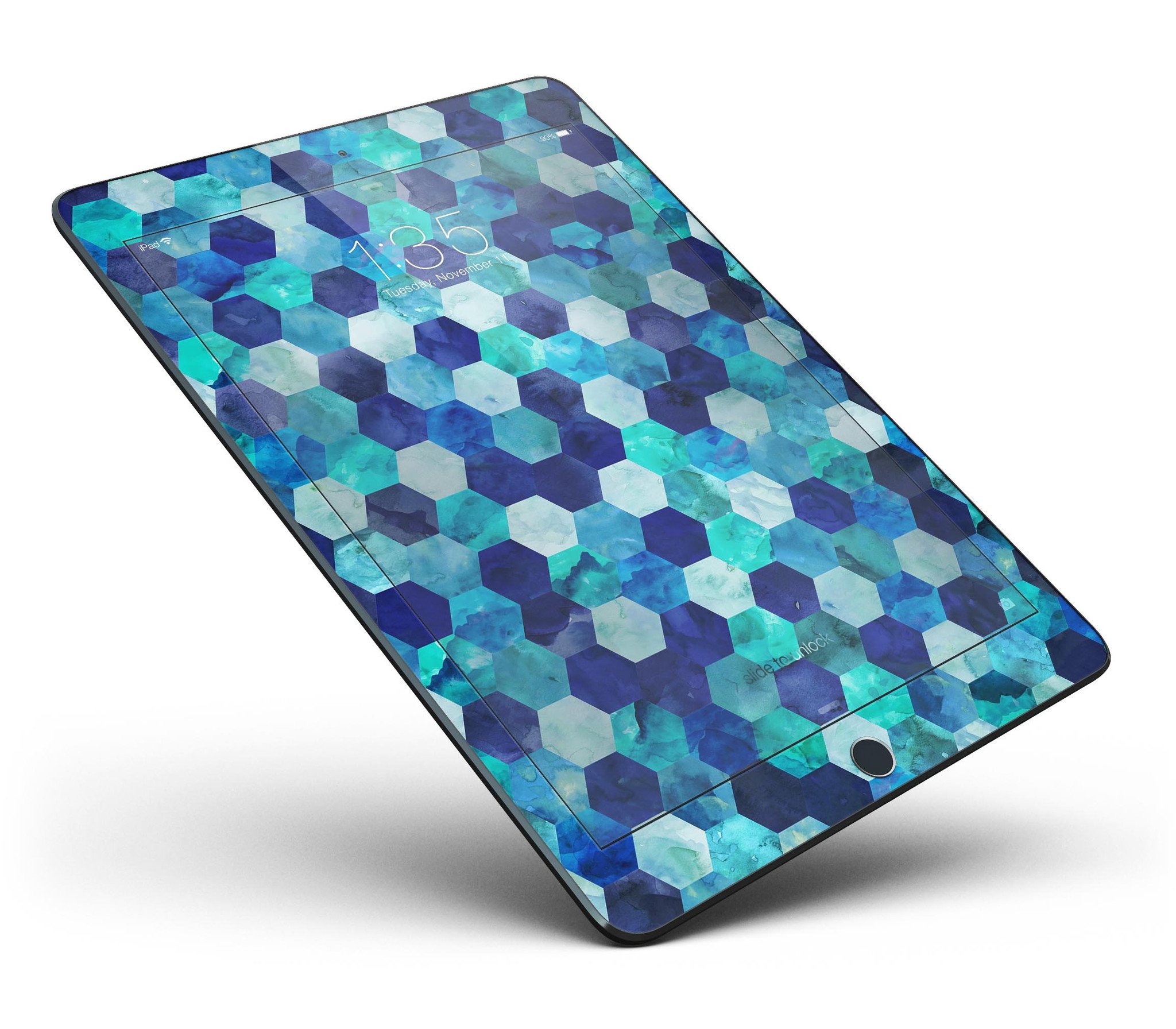 Blue Watercolor Hexagon Pattern Full Body Skin for iPad Pro, showcasing vibrant colors and intricate design.