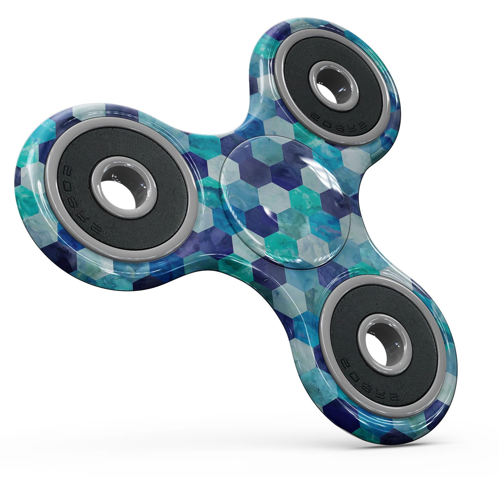 Blue Watercolor Hexagon Pattern Skin-Kit for fidget spinner, showcasing vibrant colors and geometric design.