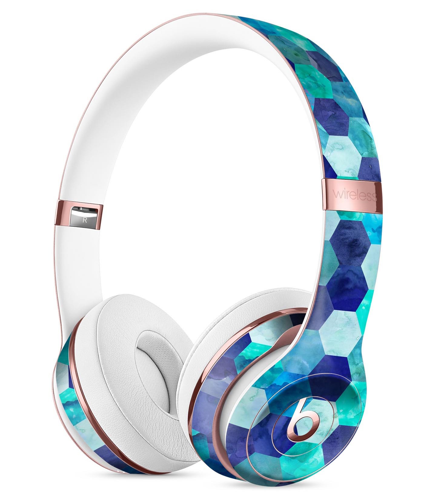 Blue Watercolor Hexagon Pattern Skin Kit for Beats by Dre Solo 3 Wireless Headphones, showcasing vibrant colors and precise cut.