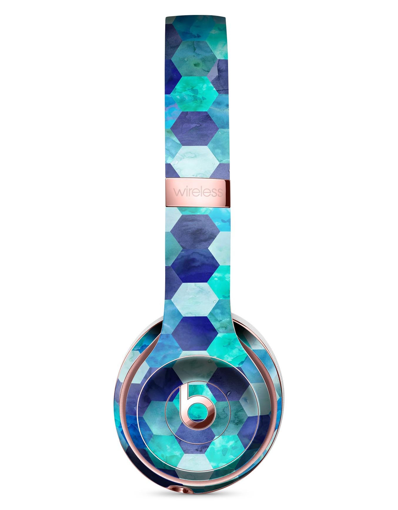 Blue Watercolor Hexagon Pattern Skin Kit for Beats by Dre Solo 3 Wireless Headphones, showcasing vibrant colors and precise cut.