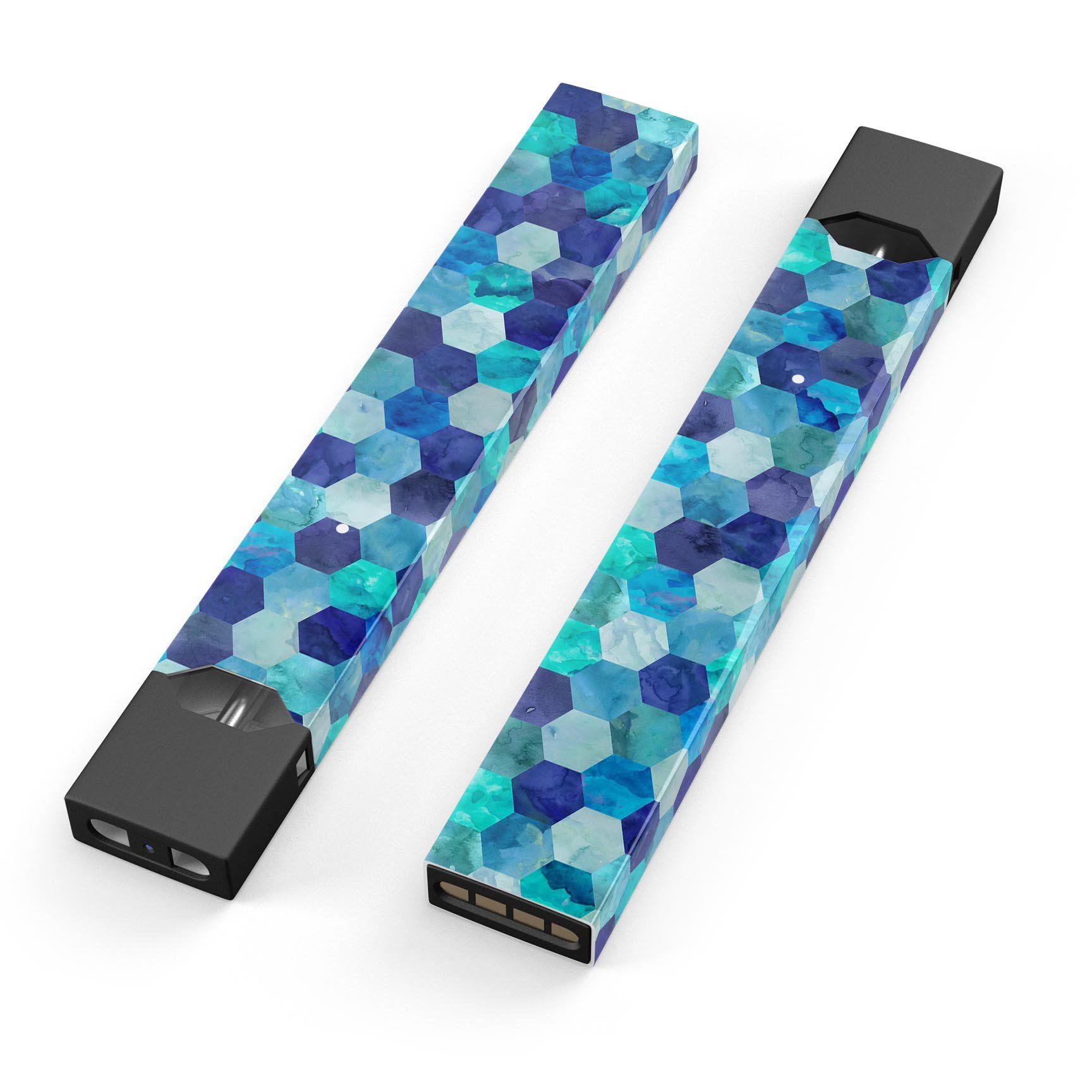 Blue Watercolor Hexagon Pattern skin wrap for JUUL device, showcasing vibrant colors and unique design.