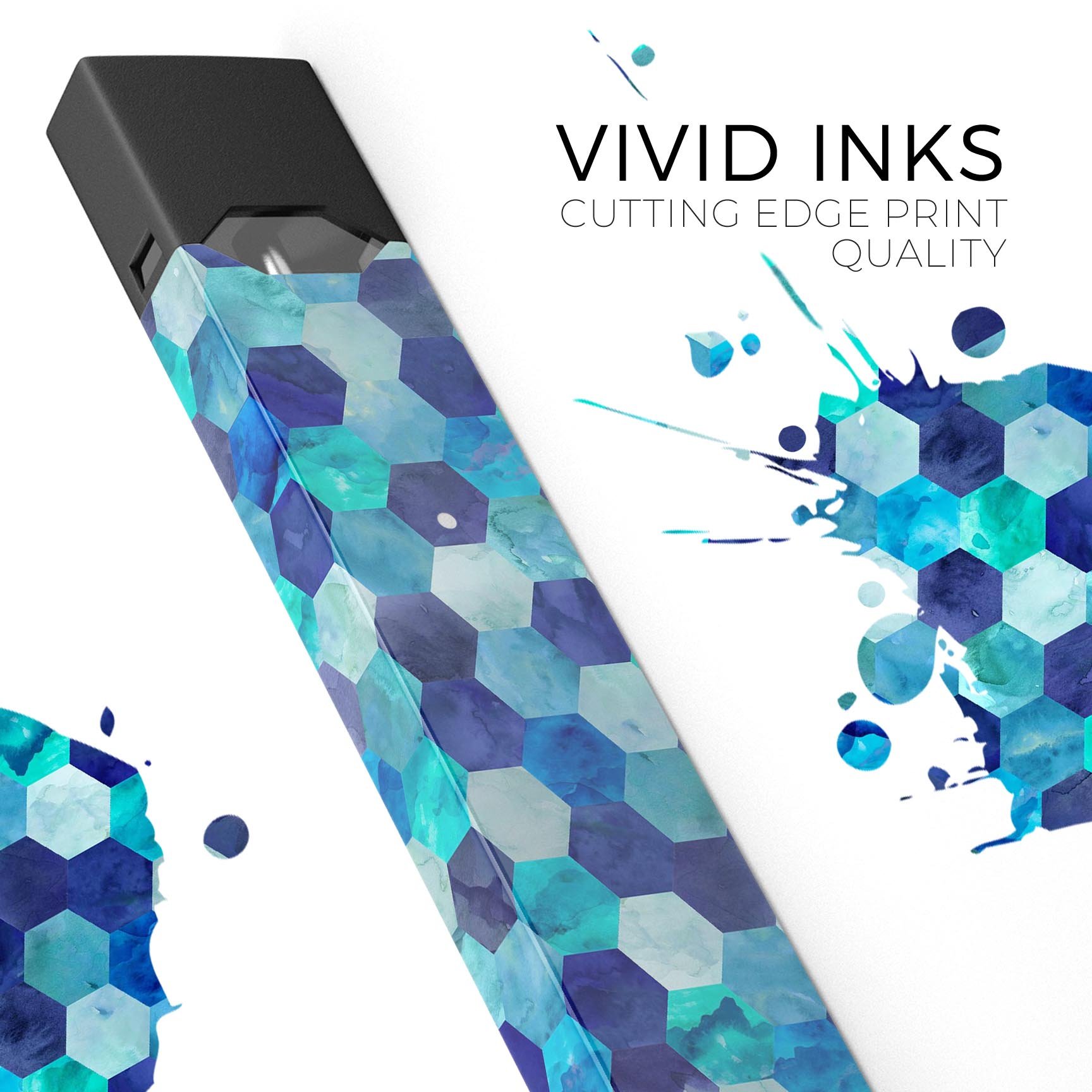 Blue Watercolor Hexagon Pattern skin wrap for JUUL device, showcasing vibrant colors and unique design.