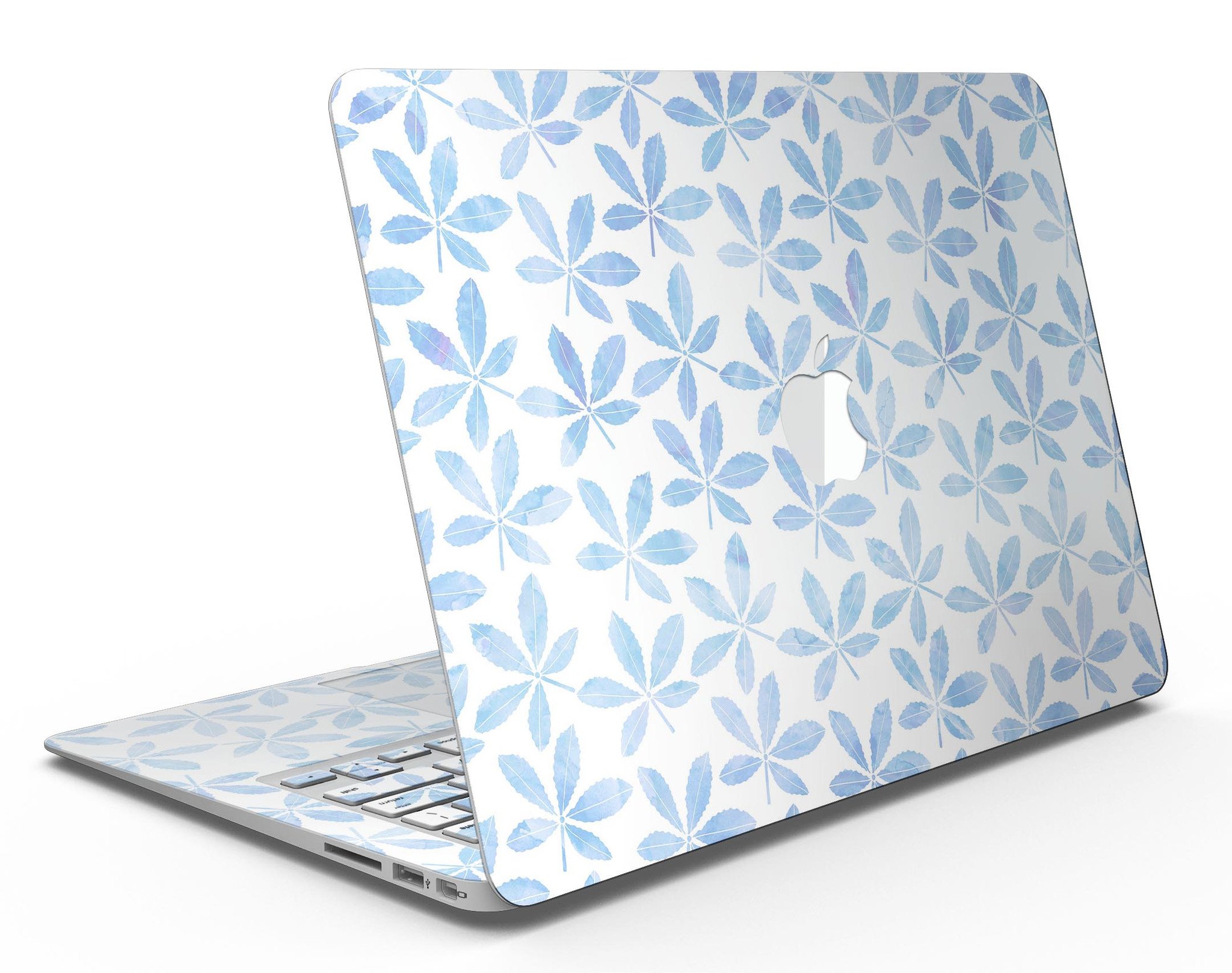 Blue Watercolor Leaves skin kit for MacBook Air, showcasing a vibrant design with intricate leaf patterns on a sleek surface.